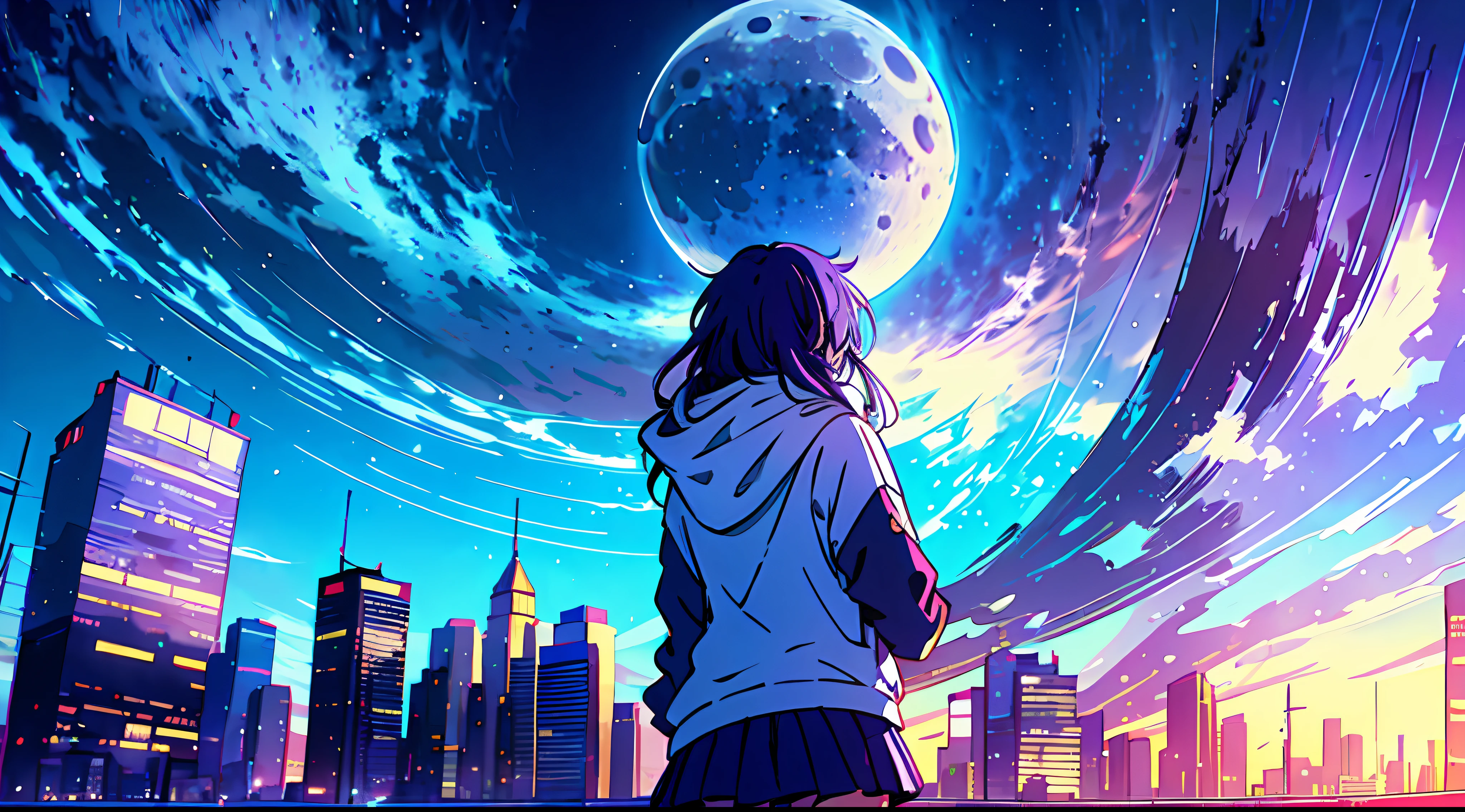 1girl, Long purple hair, Modern hoodie, Miniskirt, Converse shoes, Modern city, Skyscape roof edge, noon, sun, blue sky, clouds, (taken from behind)), low angle, volumetric lights, 8K, best quality, sharp, detail, moon and sun, crystal clear night sky