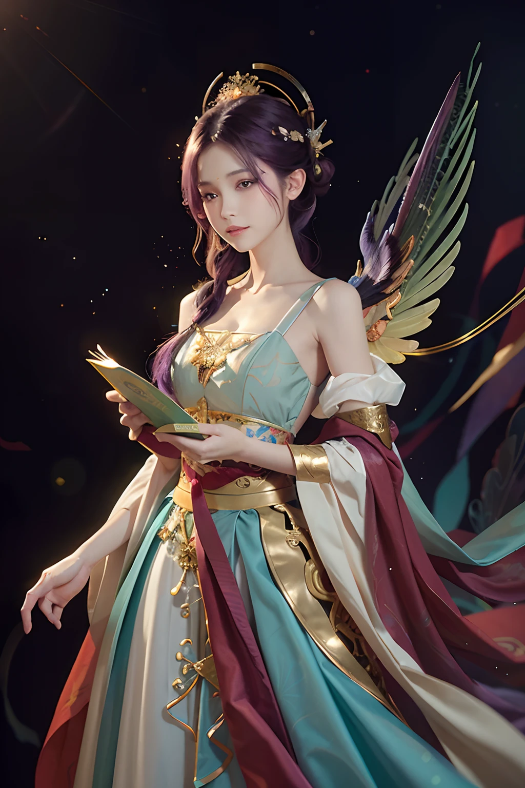 (Masterpiece, top quality, best quality, extreme detail, highest detail, official art, Beauty and Aesthetics: 1.2), Colorful, Denim Shot, Upper Body Shot, Beautiful Face, Solo, Perfect Body, On the Sky Clouds, Fairy, Flowing Streamers, Sun Rays, Clouds, Full Body, Hanfu, Chinese Clothes, White Dress, Water, Fireflies, Night, Starry Sky, Jewelry, Feathers on Dresses, Peacock Feathers, Light Particles, Volumetric Lighting, Ray Tracing (Flowing Streamers: 1.1), (Fantasy: 1.2), Illuminator, Stars, Fantasy, High Contrast, Ink Strokes, Overexposure, Purple and Red Tone Impressions, Abstract, ((Watercolor by John Berkey and Jeremy Man)) Brush Strokes, purple hair, purple eyes
