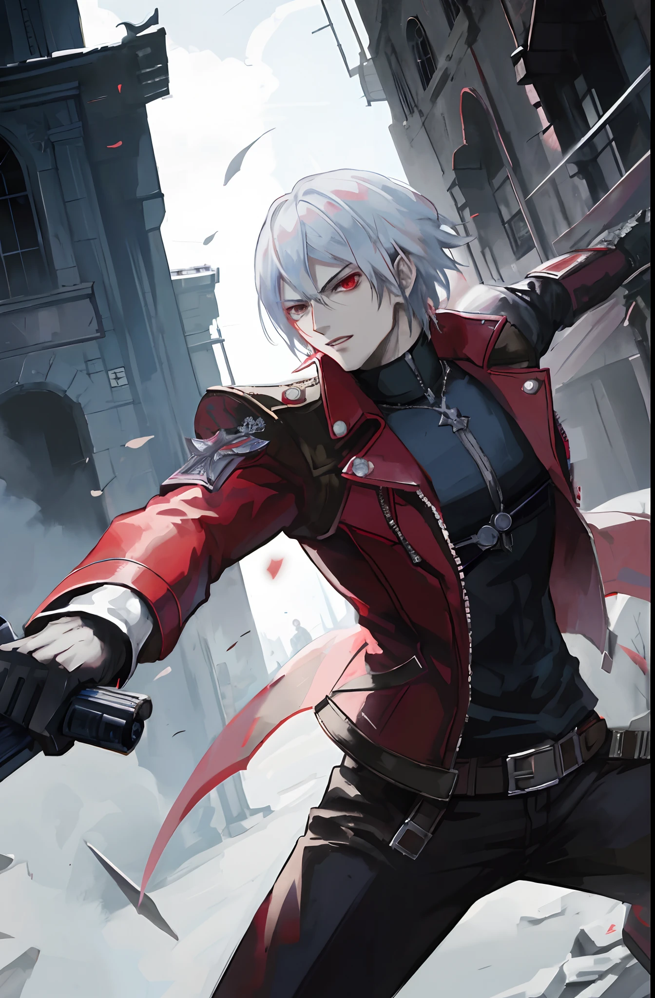 anime - style image of a man in a red jacket holding a gun, badass anime 8 k, son of sparda, v from devil may cry as an elf, zerochan art, dante from devil may cry, devil may cry, trending on artstation pixiv, key anime art, zerochan, dante from devil may cry 2 0 0 1, 2b