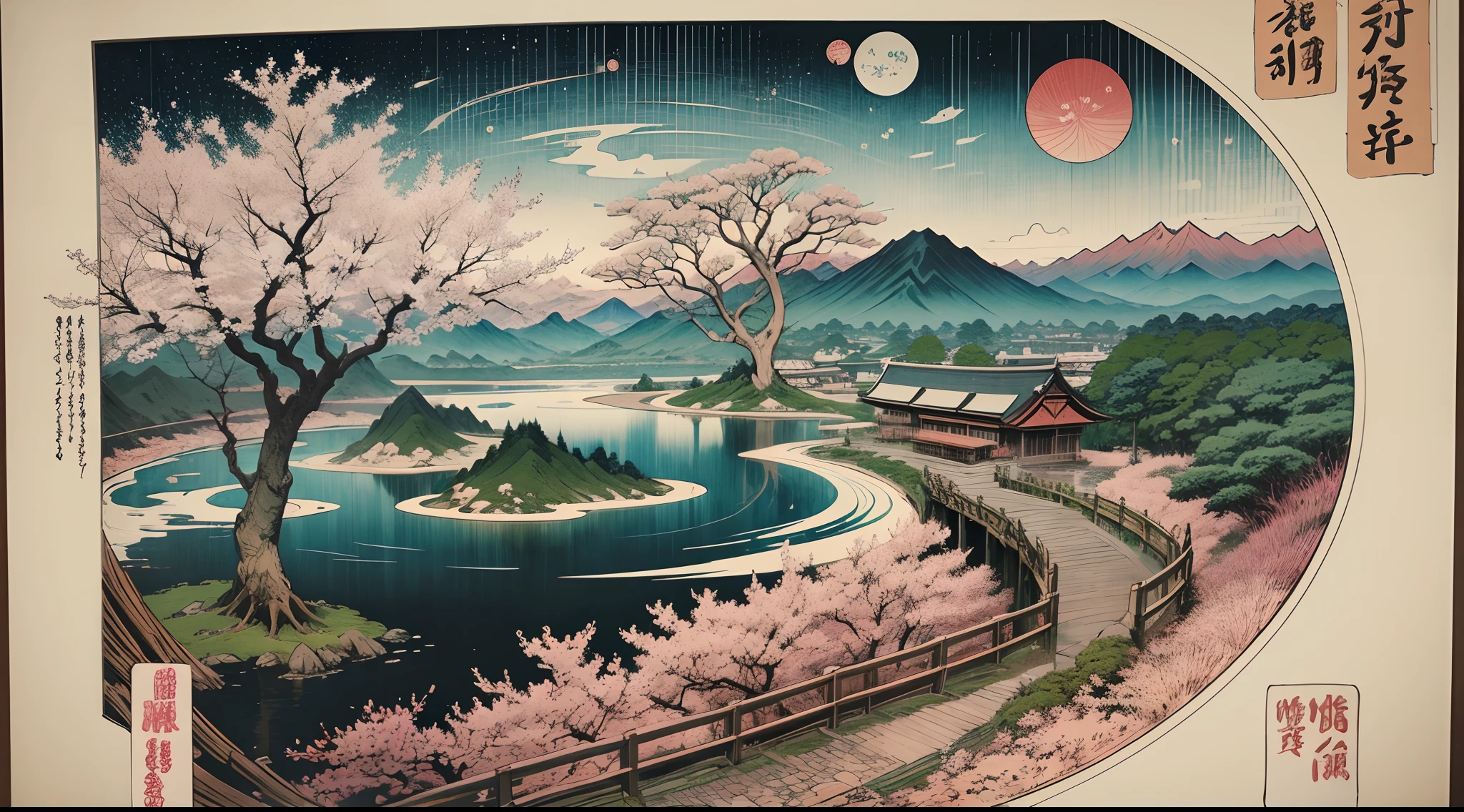 Utagawa Hiroshige style, amazing place, no humans, with water, montains, intrincate details,sakuras,   ,circular design,splash, --auto --s2