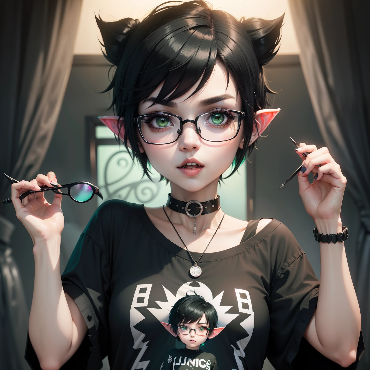 "Cute anime vampire girl with a black pixie cut, black eyes, circle glasses, elf ears, fangs, wearing a black choker, a white print t-shirt, and a green flannel, inspired by homestuck."