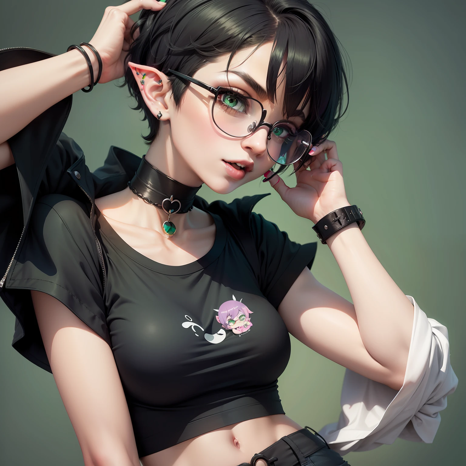 "Cute cartoon girl with a black pixie cut, black eyes, circle glasses, elf ears, fangs, wearing a black choker, a white crop top, and a green flannel shirt, inspired by homestuck, simplified, chibi."