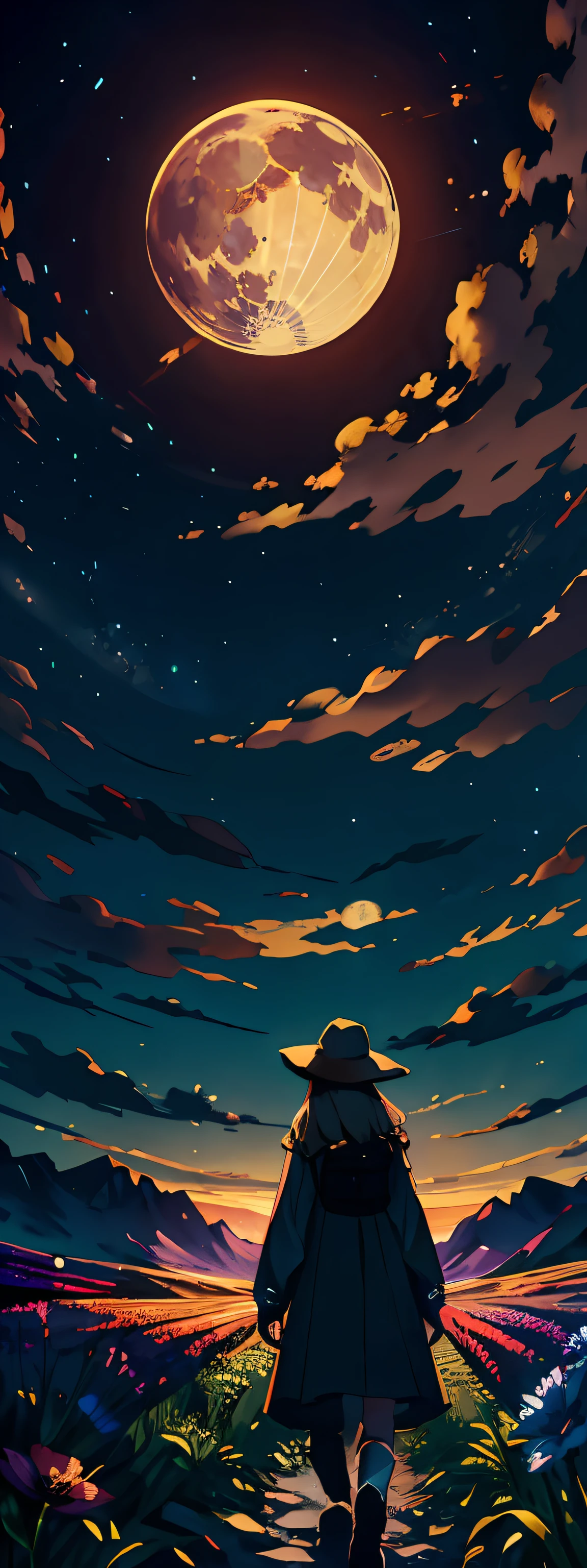 A wide landscape photo, (viewed from below, the sky is above, and the open field is below), a girl standing on a flower field looking up, (full moon: 1.2), (meteor: 0.9), (nebula: 1.3), distant mountains , Trees BREAK Crafting Art, (Warm Light: 1.2), (Firefly: 1.2), Lights, Lots of Purple and Orange, Intricate Details, Volumetric Lighting BREAK (Masterpiece: 1.2), (Best Quality), 4k, Ultra Detailed, (Dynamic Composition: 1.4), Rich in Detail and Color, (Rainbow Color: 1.2), (Glow, Atmospheric Lighting), Dreamy, Magical, (Solo: 1.2)