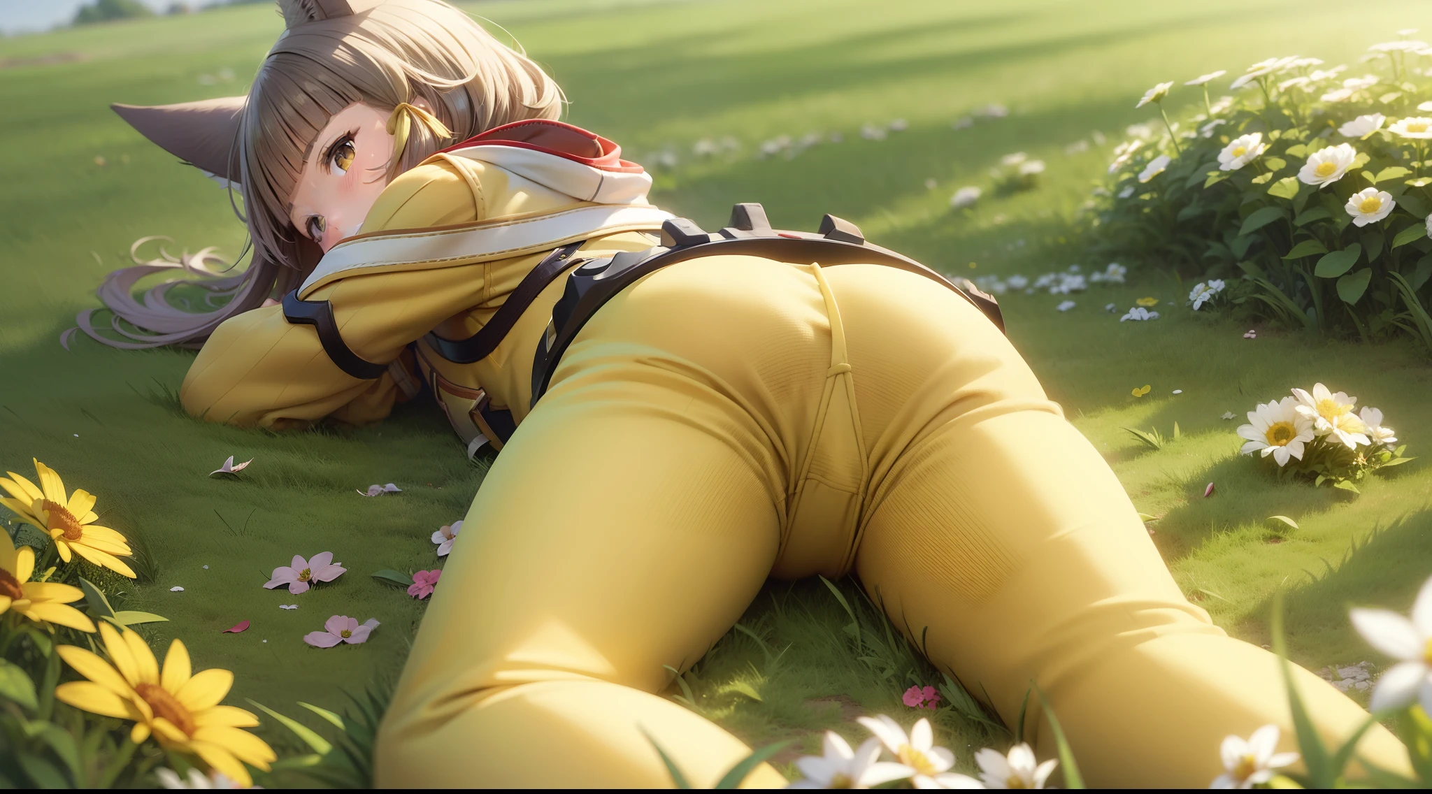 1girl, solo, classic_nia, yellow bodysuit, loli, child female, lying down, prone, looking back, from behind, ass focus, grasslands, flowers