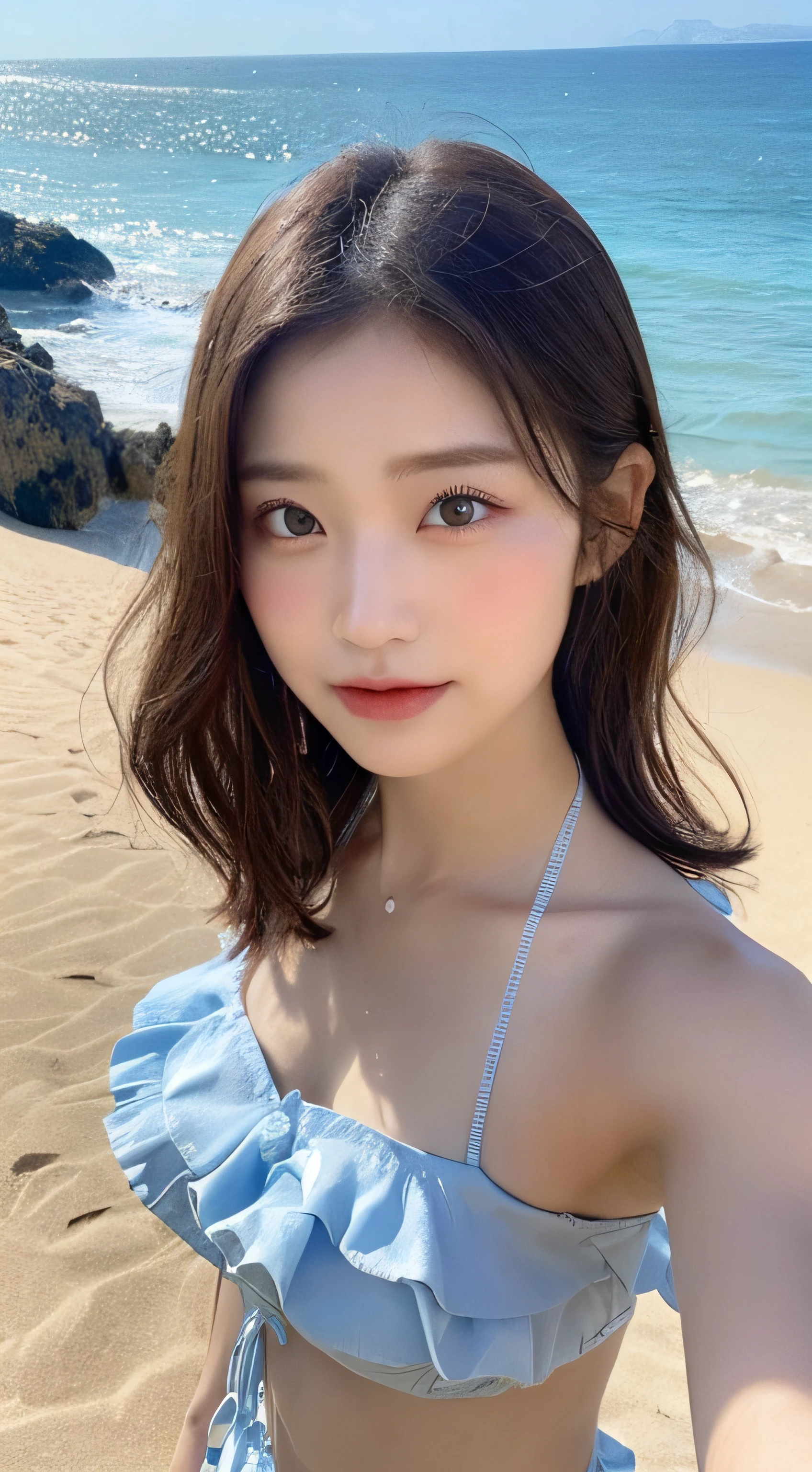 ((Best Quality, 8K, Masterpiece: 1.3)), Sharp: 1.2, Perfect Body Beauty: 1.4, Slim Abs: 1.2, ((Layered Hairstyle, Big Breasts: 1.2)), (Nude: 1.1), (beautiful beach: 1.2), Wet: 1.5, Highly Detailed Face and Skin Texture, Detailed Eyes, Double Eyelids, Looking at the Camera
BREAK
(((Ruffle bikini, Beach dress)))