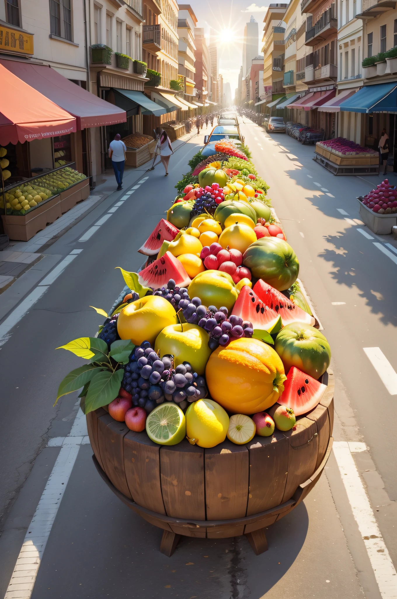 In a bustling city,There are many fruits,water melon,grapes,apples,lemons,Decorate the whole city,and the sun was shining brightly,best qualtiy,Wallpapers,Buildings
