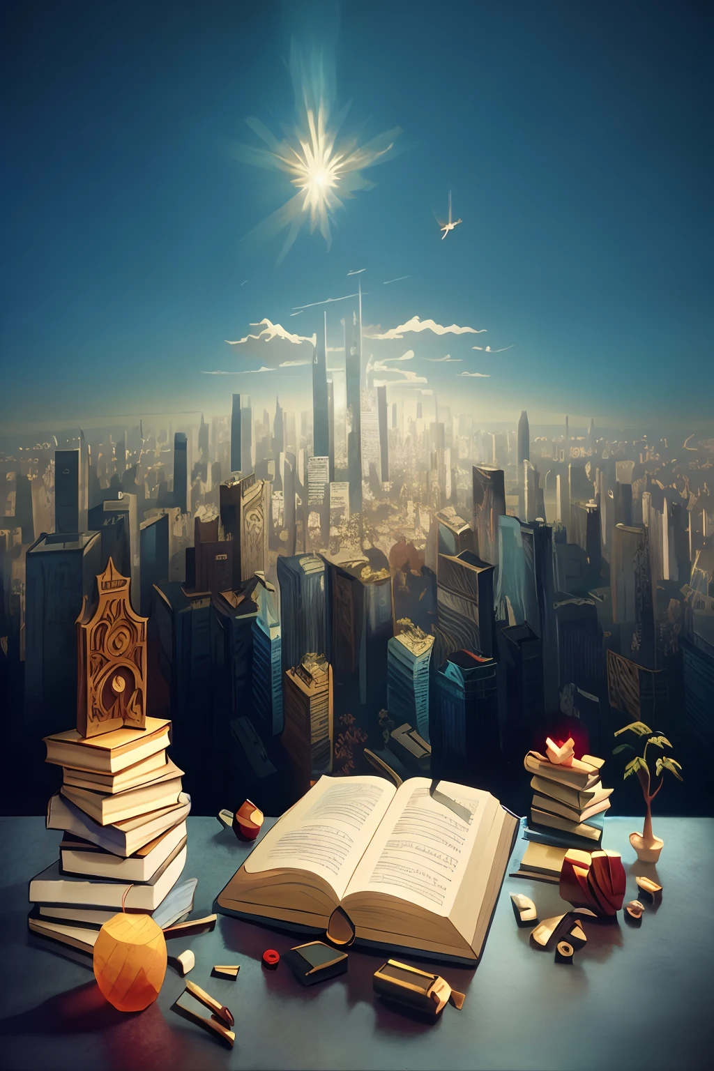 There was a book and a pencil on the table，The background is a city, Surreal cityscape background, detailed book illustration, 3 d epic illustrations, storybook realism, magic realism matte painting, optimistic matte painting, fantasy book illustration, book illustrations, Stylized urban fantasy artwork, awesome greate composition, highly detailed composition, surreal 3 d render, Illustration matte painting