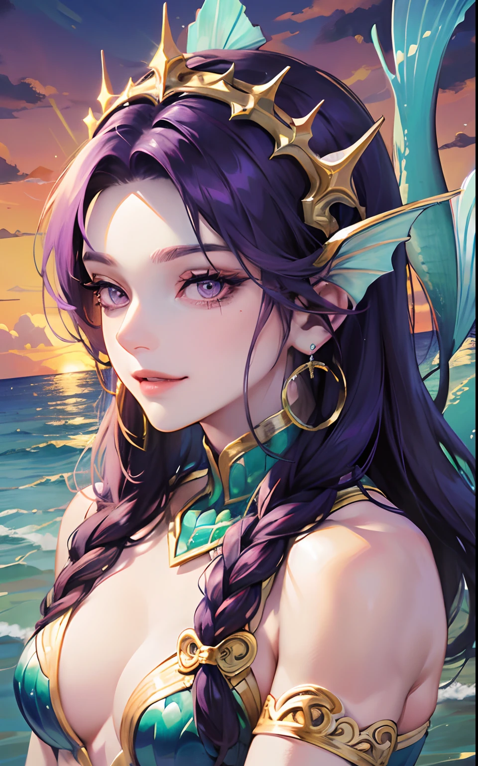 woman, masculine, masculine face, attractive, muscular, (((1woman))), masterpiece, absurdres, best quality ,intricate details , (shiny skin, shiny body, shiny oily luster skin, shiny hair, pale skintone), Sundown, attractive, ((muscular)), adult, one, earrings, Don't look at the view , Not looking at the view, purple hair, braided hair, perfect detailed face, perfect detailed hands, triton, fins, purple eyes, triton ears, ((MLS)), smirk, medium large shoot, marine ornaments, beach in the background, ((mermaid tail)), no legs