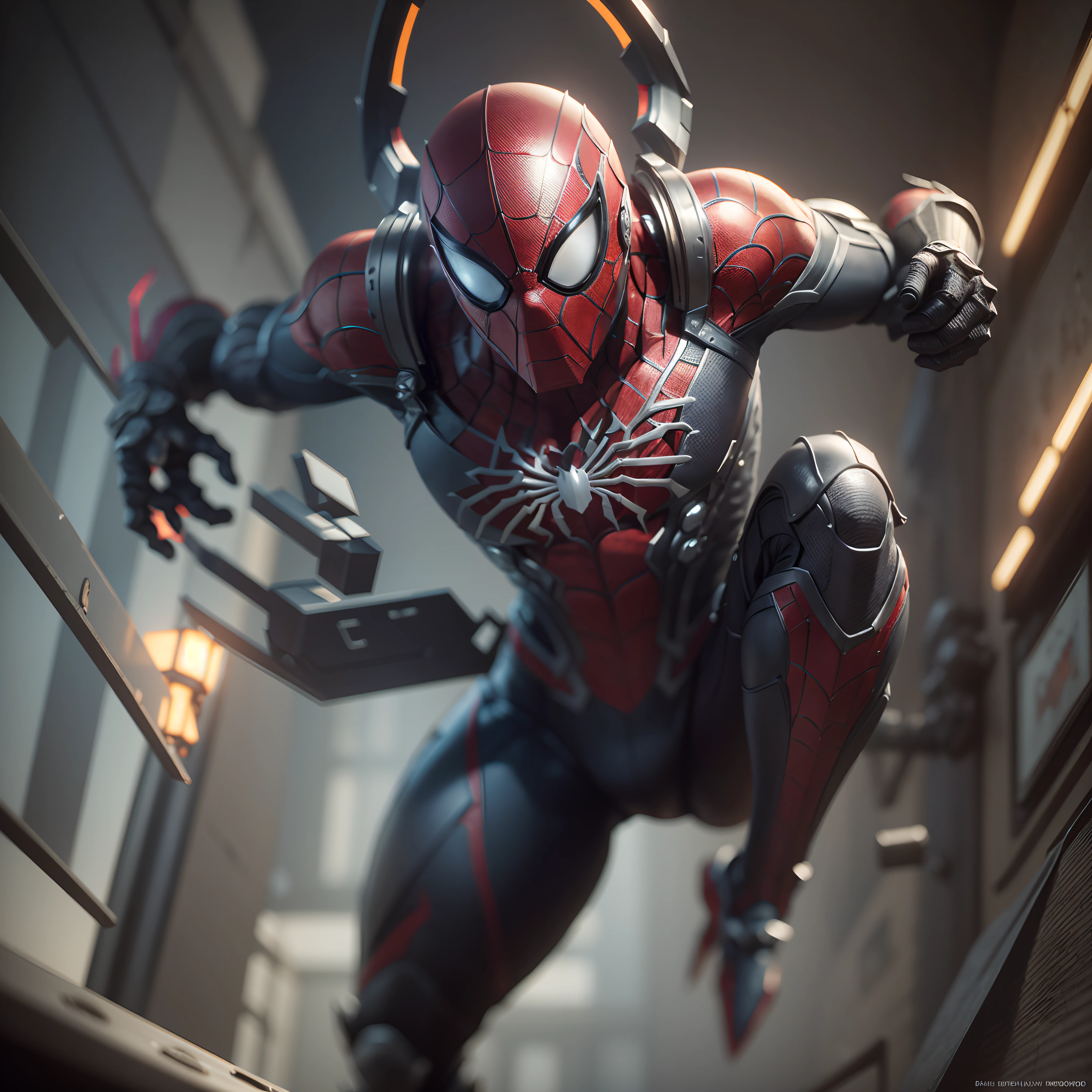 3D rendering of a [Spider-Man| Cyborg] highly detailed using cybernetics and intricate detail armor with armored plates, HDR, 8k, subsurface scattering, specular light, high resolution, octane rendering, ray tracing