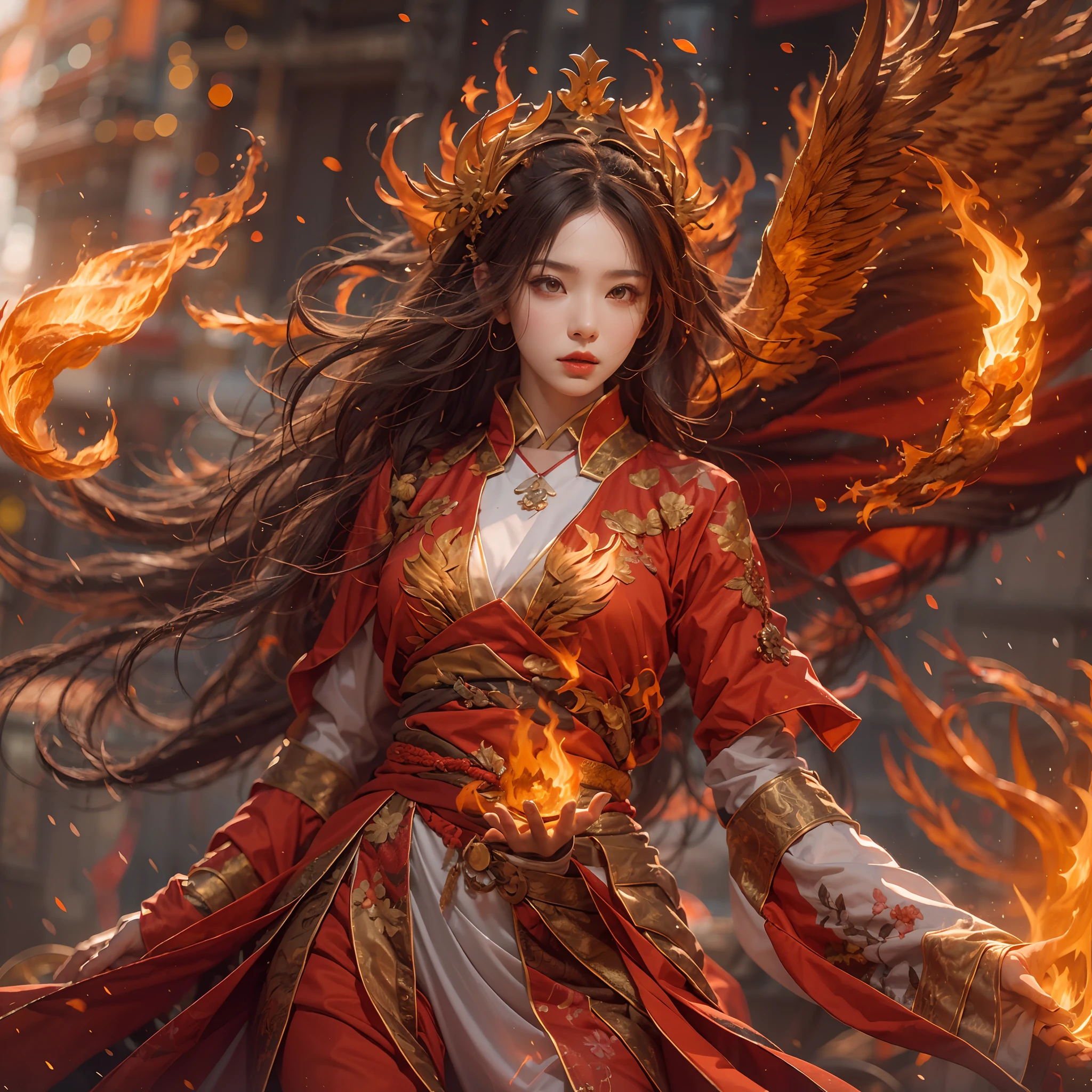 1girll，Flame mage dressed in fiery red（Chinese Hanfu），The robe was embroidered with intricate runes and ornaments，Exudes a burning breath。He was tall and strong，Hands up，Powerful fire spells are being unleashed。His eyes were firm and sharp，A flash of fire flashed in his eyes，Behind the Flame Mage，（A huge flame phoenix spread its wings and flew：1.2），（The feathers of the phoenix burned with roaring flames），It shines brightly，Its body is surrounded by flames，Flame feathers danced，Form a spectacular flaming six-pointed star array pattern，Full of mysterious magic，The whole scene is full of fiery aura and passion for fighting，Large areas of flame spells bloomed in the air，A brilliant arc of flame and flying sparks formed，（Flame Mage and Phoenix），It appears majestic and mysterious in the midst of raging fires，Like the embodiment of fire and magic，red hair，high detal，ultra-realistic realism，Verism，（（Bust photo）），（real photograph：1.4），（lightand shade contrast），cinmatic lighting，Realistic special effects，c4d渲染，rendering by octane，Ray traching，in a panoramic view，angle of view，textureskin，super detailing，hyper HD，tmasterpiece，anatomy correct，best qualtiy，A high resolution，8K