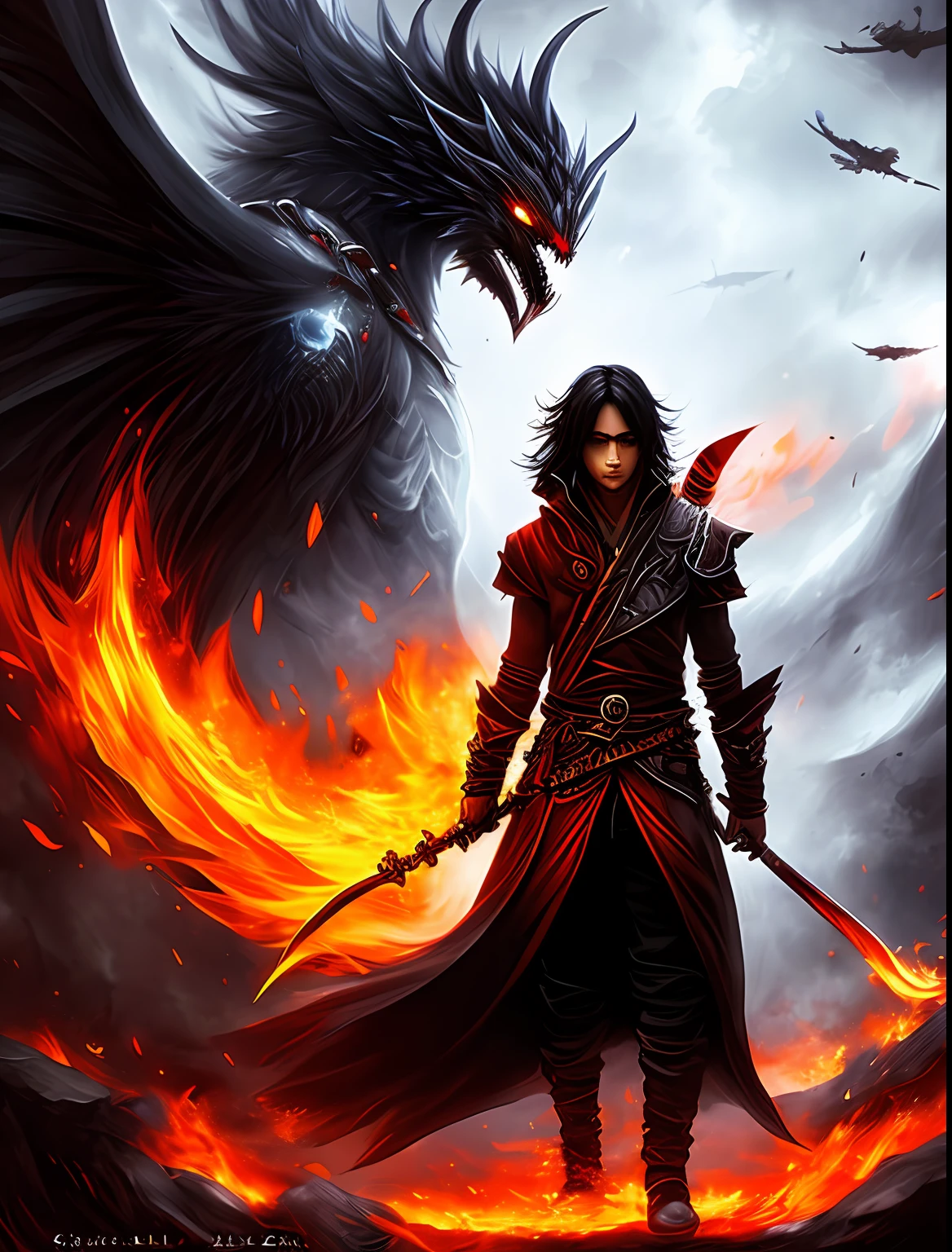 Wind with Fire Demon Swordsman, cabello oscuro, sad emotion, llorando sangre por los ojos,en su espalda alas del caos, mirando al frente, Cielo oscuro