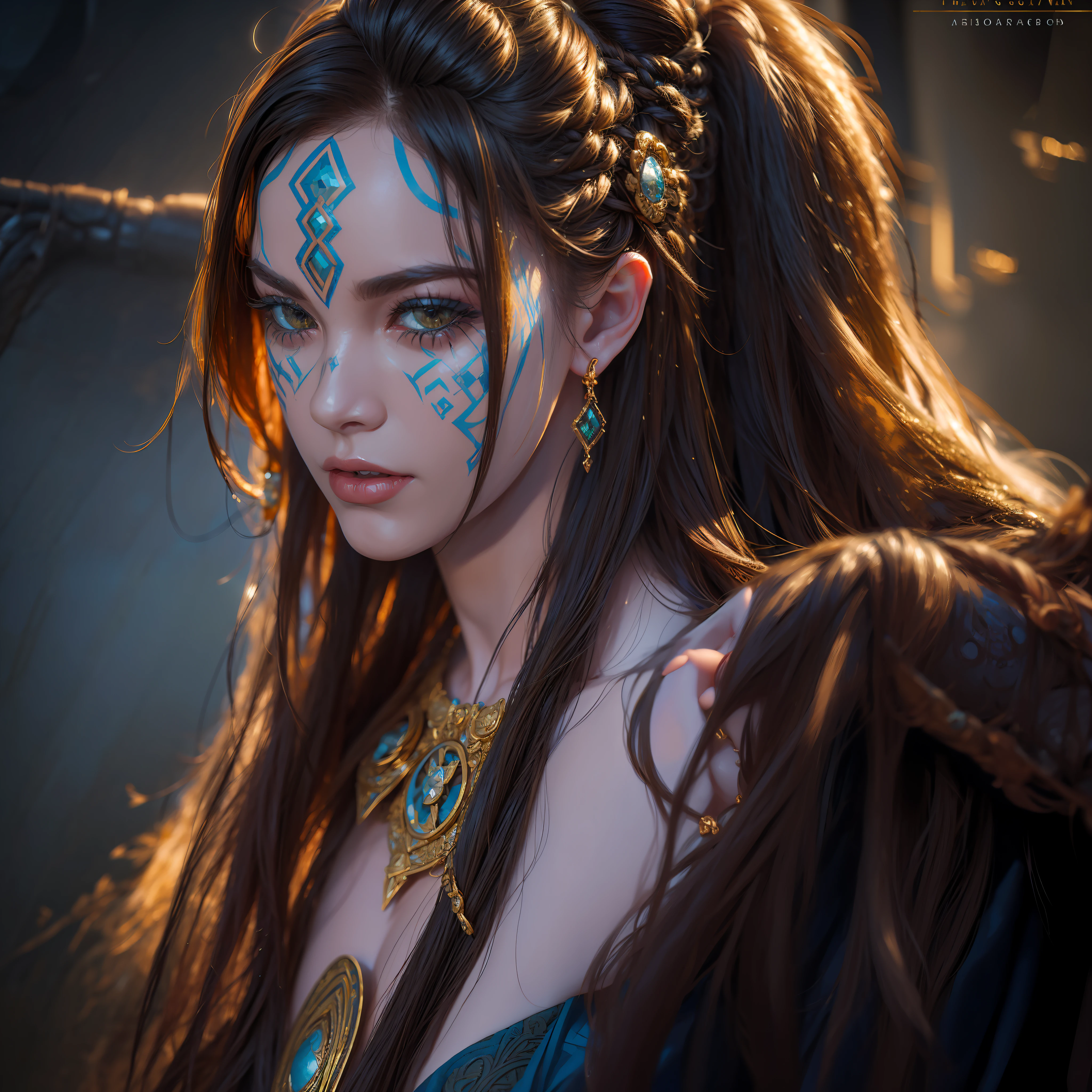Cinematic detailed photo of a female viking warrior.... wearing a golden armour with intricate details...Cobalt blue tribal marks on her face… dirty blonde braids fell onto her shoulders...in the style of vray tracing, dima dmitriev, intense gaze, masculine, light cyan and red, master of shadows, cinematic lighting, extremely detailed, 4K, center focused, with an artistic touch that echoes the style of intensity and grandeur, embodying a blend of feminine grace and unyielding strength in the grandeur of 4K cinematic artistry. Thunder and lightning with intricate textures and details in the background, suggesting a the lady viking standing victorious in war or chaos, blood spatters add to the dramatisation and cinematic look, beautiful detailed gold ornaments, detailed gold third eye ornament, magic theme, elegant, ornate Beautiful Lighting, hyper realistic, highly detailed, sharp focus.