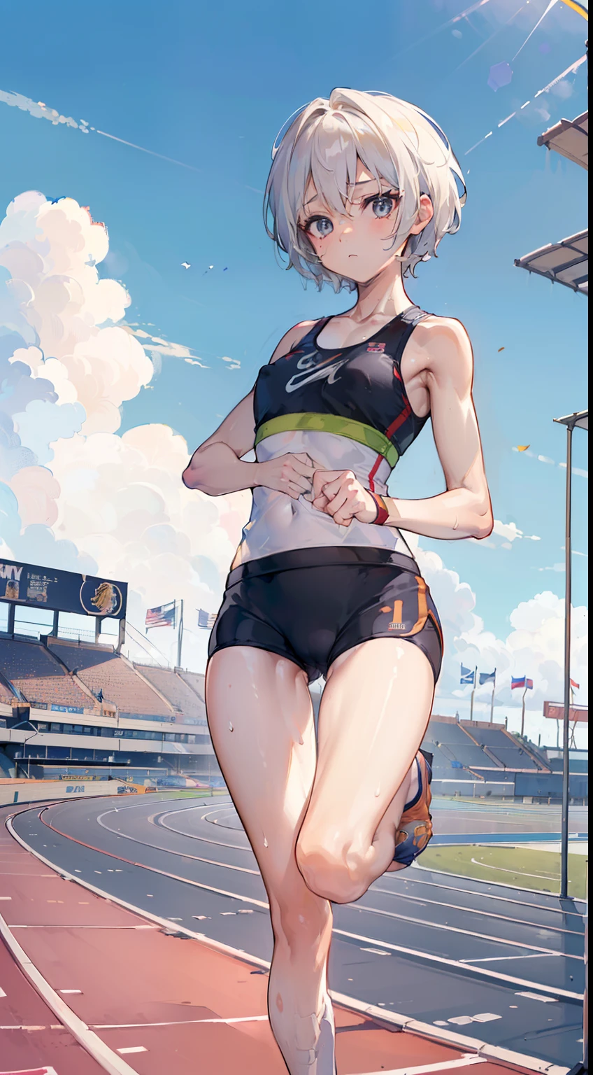 (masterpiece, 4k ,ultra detailed:1.2),(beautiful face:1.2),(anime:1.2),illustration,(solo:1.2),(looking at viewer:1.4),(supermodel:1.3),(track and field athlete:1.4),(track and field uniform:1.4),(bike shorts:1.4),(running:1.5),(sweaty skin:1.3),(white hair),yo,(absurdly short hair:1.5),(white panties),(string,abs,bouquet,child,small breasts,petite:1.1),(sfw,nipple,flat chest,dress,sports bra:1.5),(cinematic angle),(full body:1.2),(Camel toe:1.3),(track and field field:1.5)