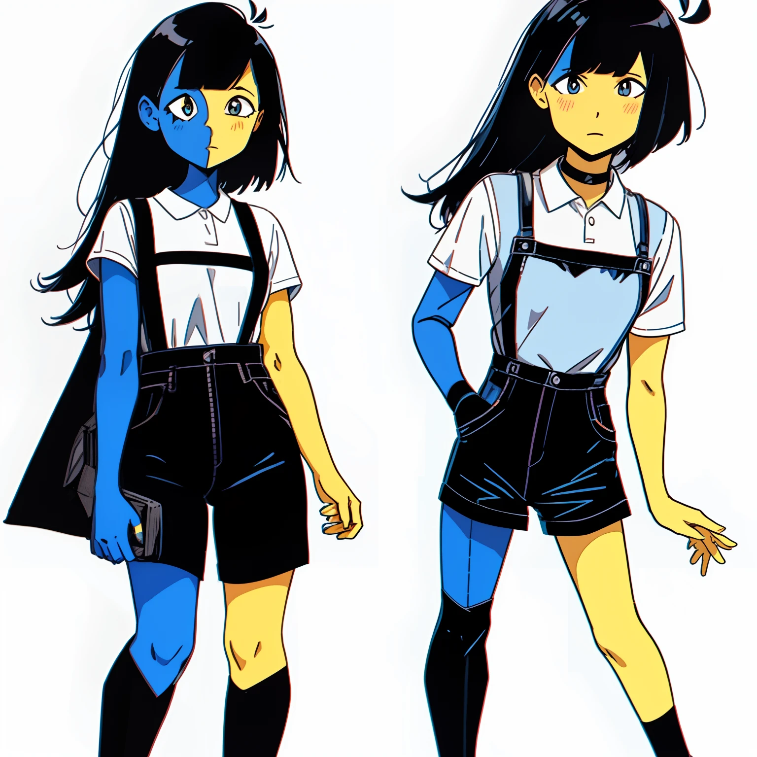 ENA (Joel G), split color body (blue on right, yellow on left), white t-shirt, black skirt with overall straps, 1girl, black socks (thigh-high on right, ankle on left), grain effect on hair, perfect anatomy, better hands, anime style, white background