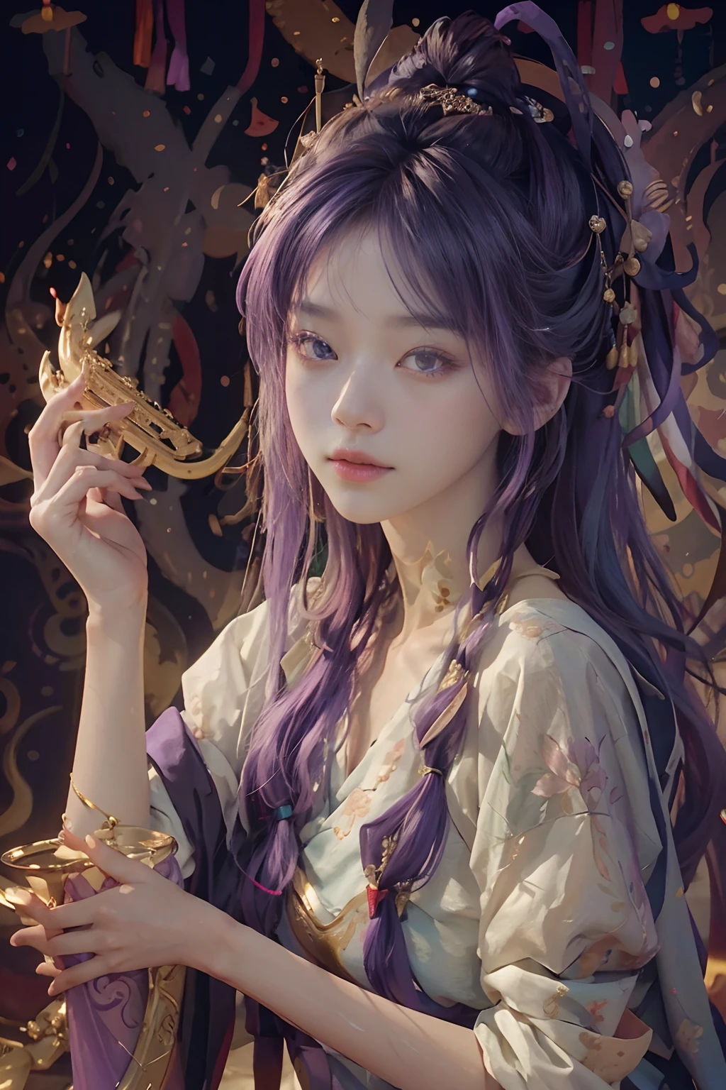(RAW photo, best quality), (realistic, photo-realistic:1.3), best quality, highly detailed, masterpiece, ultra-detailed, illustration, 1girl, upper_body, dynamic angle, world mastery theater, messy_long_hair,best quality, extremely detailed CG unity 8k壁纸,ink,astounding,电影灯光,lens_flare,dunhuang_style,holding a pipa, purple eyes, purple hair