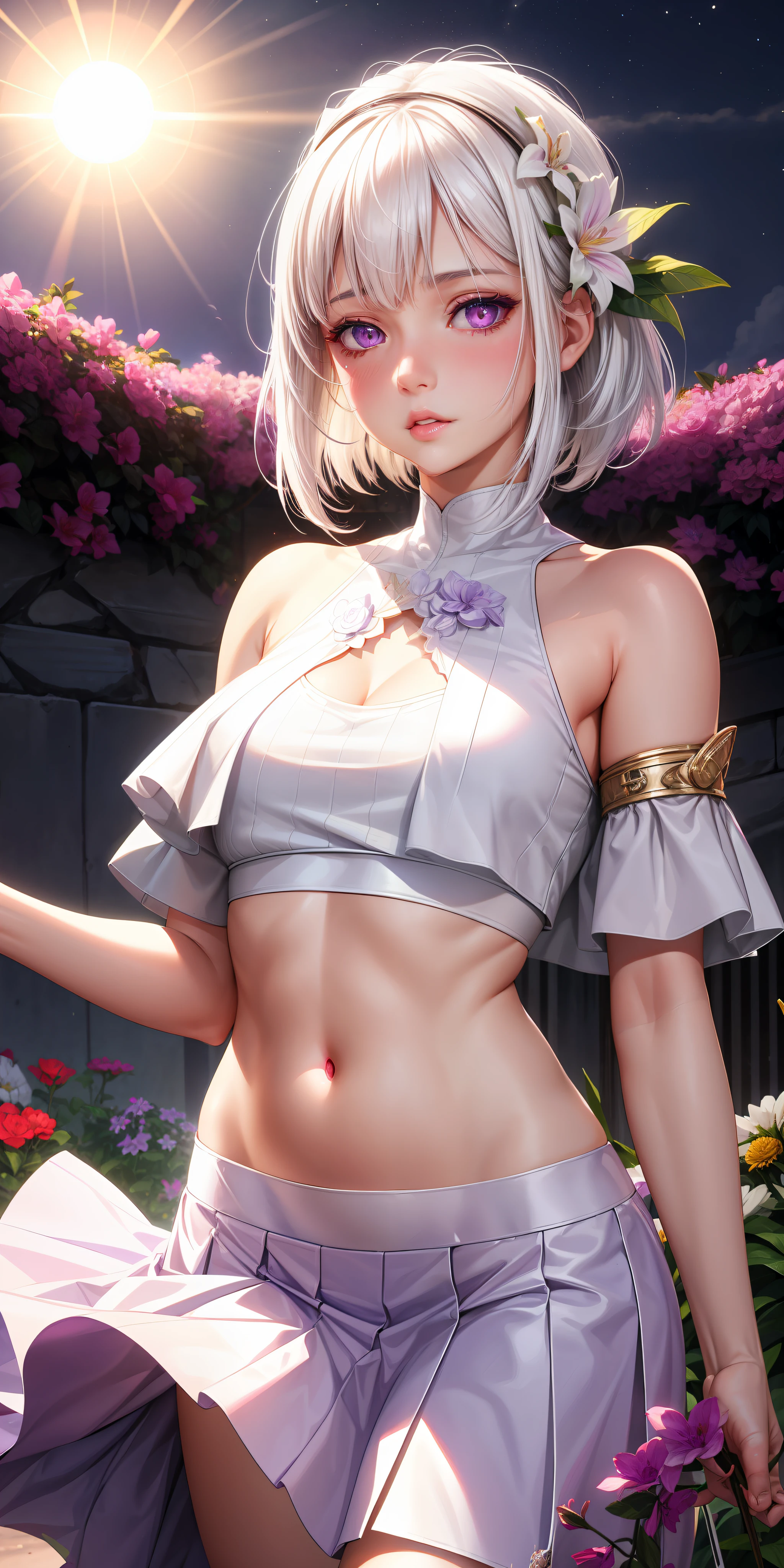 realistic, 1girl, white hair, purple eyes, glowing eyes, crop top, skirt, parted lips, blush, night, flowers, sun, sunlight,