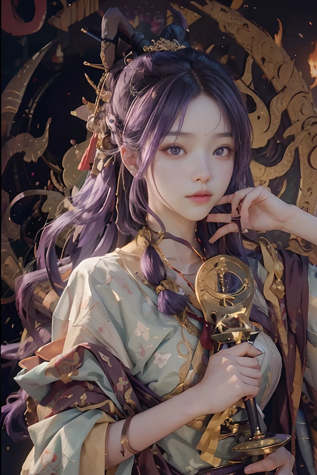(RAW photo, best quality), (realistic, photo-realistic:1.3), best quality, highly detailed, masterpiece, ultra-detailed, illustration, 1girl, upper_body, dynamic angle, world mastery theater, messy_long_hair,best quality, extremely detailed CG unity 8k壁纸，ink，astounding，电影灯光，lens_flare，dunhuang_style，holding a pipa, purple eyes, purple hair