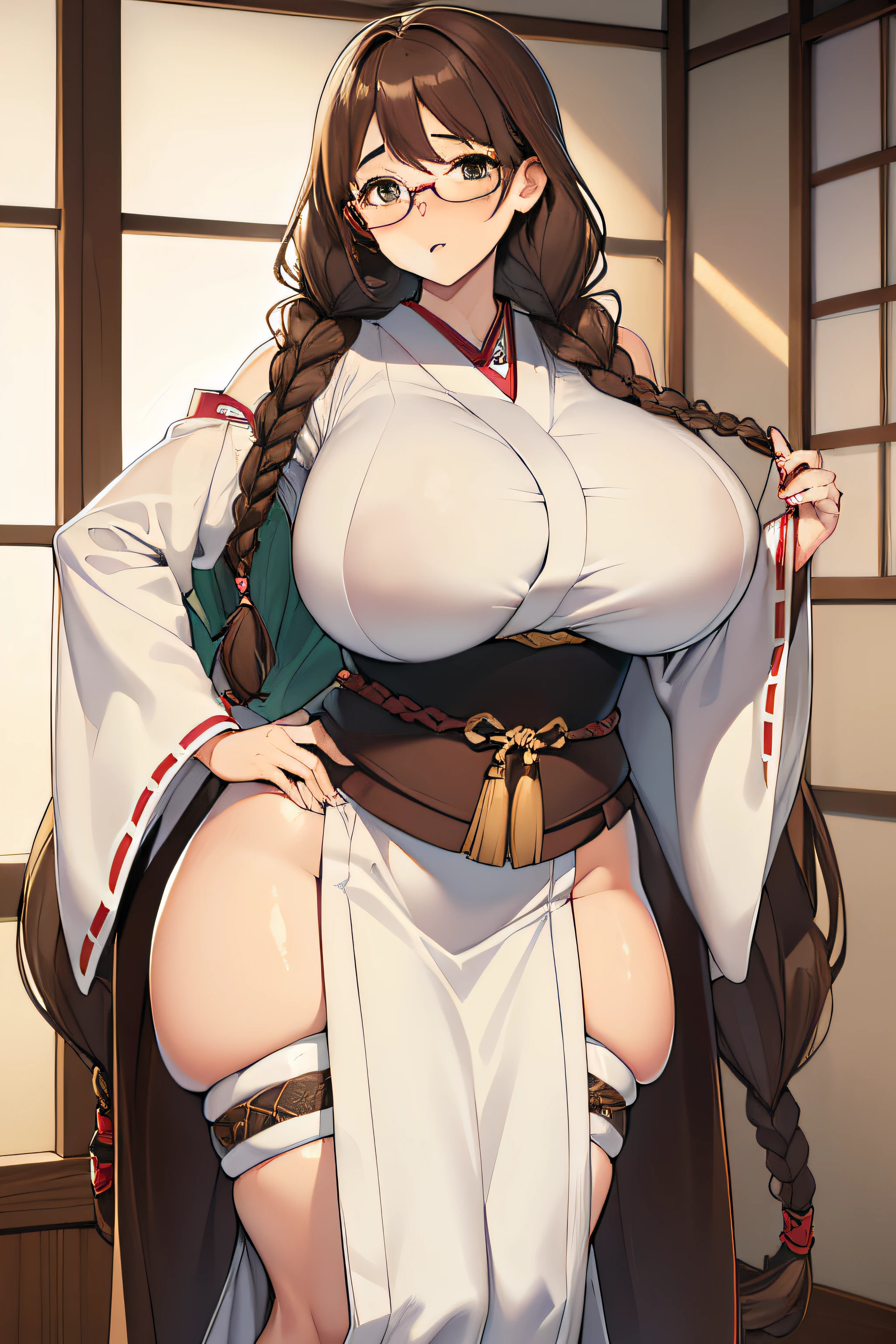 ((gigant saggy tits)),((wide hips)),((white girl)),((brown long hair with braids)),((brown eyes)),((thicc thights)),((glasses)),thicc milf,((japanese goddess clothes))