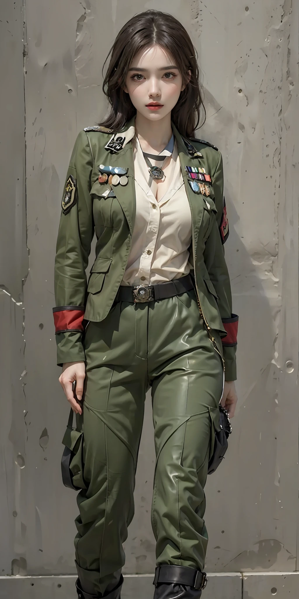 Photorealistic, high resolution, Soft light,1womanl, Solo,, (Detailed face),tattoo, jewelry, Badge, tiese, German/(army suit/), pencil skirts,Long legs,walking towards camera