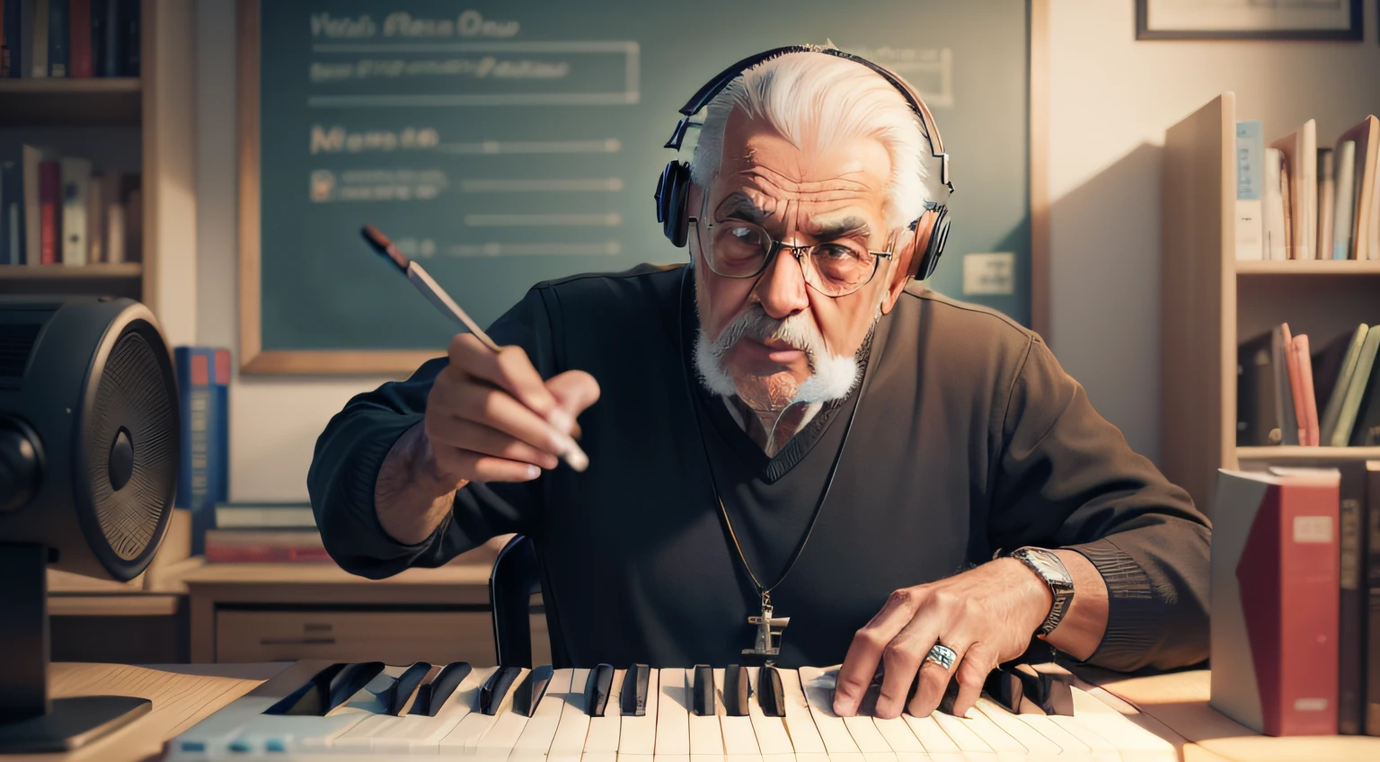 professor com cara de velho ensinando musica