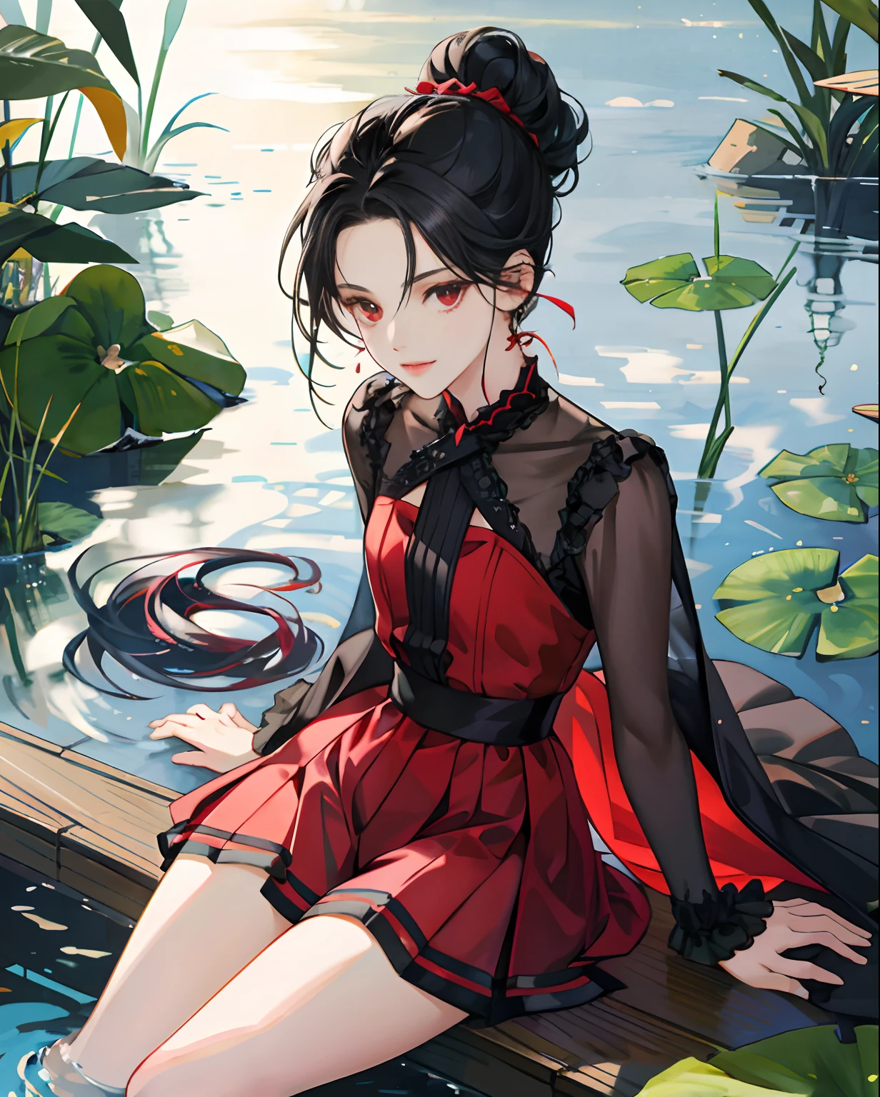 Superb masterpiece, 1girl，Hair up, Fair skin, Girls' pajamas, Black hair, Girl, Red eyes, Thigh clothing, coalescence, Super clear, face retouch, Pond background, Look at the audience shyly