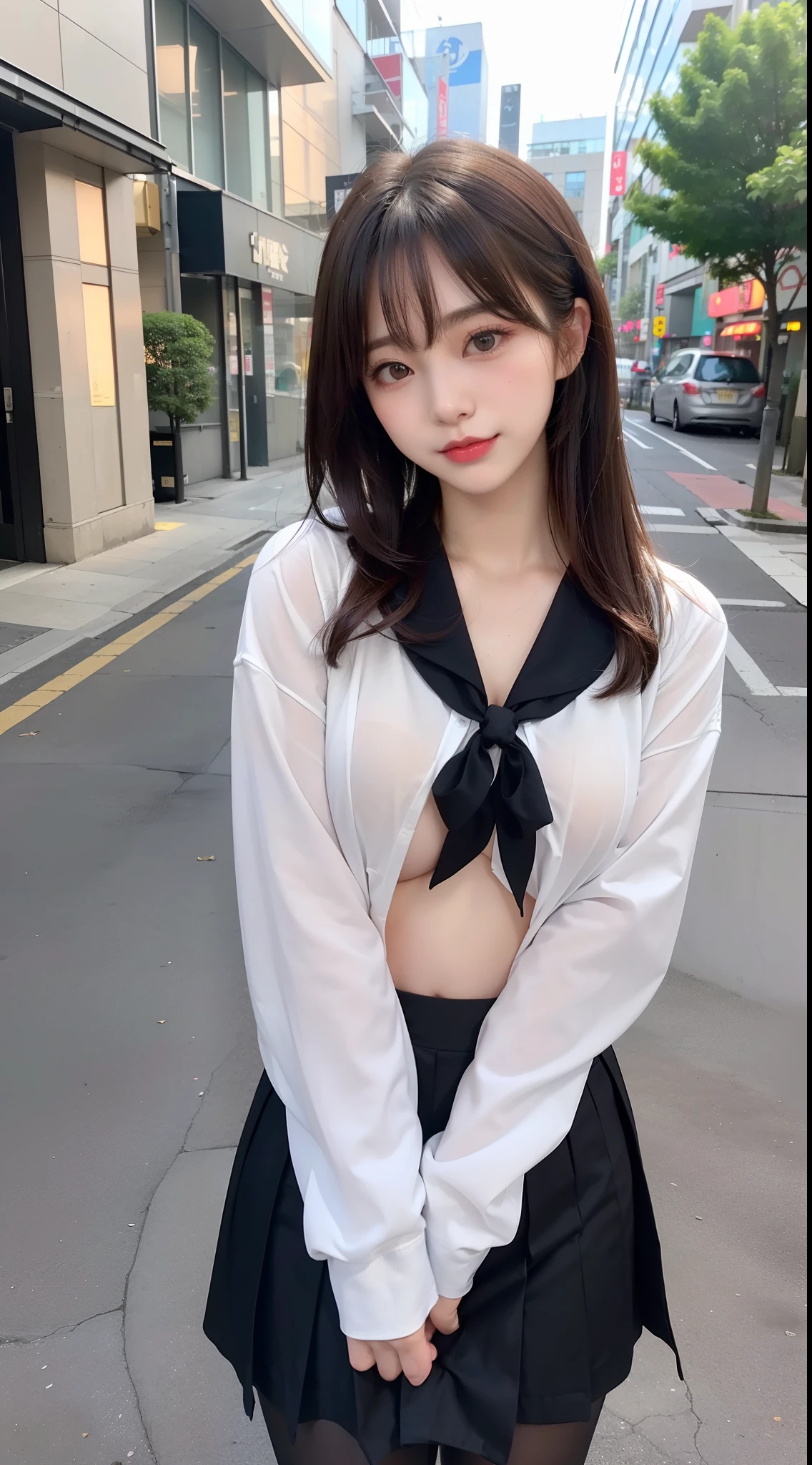 22year old、 (Japan idol), ((Dynamic Pose)), sexypose、pale skin, (((Natural breasts, Big breasts))), (aegyo sal:1.1), (Narrow waist), ((bobhair)), brown haired, ((Puffy eyes)), Looking at the camera, Smiling, Sexy, Bangs, veranda, public, (Bokeh), Ultra-detailed, Best Quality, 超A high resolution, (NSFW:1.05),No panties、(Black pantyhose)、Downtown at night、Right in the middle of the path、Back alley、(((Open clothes to show off your breasts)))、Put out the 、 show through、red blush、hard breathing、perspiring、wetted skin、Wet clothes、((Boldly pull up the skirt:1.3))、(((No pubic hair:1.2)))、Standing in the middle of the road、Blue pleated skirt、Inner Stock、fully body photo、a sailor suit、Japan School Uniforms、natural