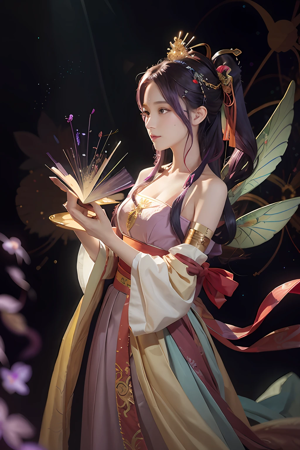 (Masterpiece, top quality, best quality, extreme detail, highest detail, official art, Beauty and Aesthetics: 1.2), Colorful, Denim Shot, Upper Body Shot, Beautiful Face, Solo, Perfect Body, On the Sky Clouds, Fairy, Flowing Streamers, Sun Rays, Clouds, Full Body, Hanfu, Chinese Clothes, White Dress, Water, Fireflies, Night, Starry Sky, Jewelry, Feathers on Dresses, Peacock Feathers, Light Particles, Volumetric Lighting, Ray Tracing (Flowing Streamers: 1.1), (Fantasy: 1.2), Illuminator, Stars, Fantasy, High Contrast, Ink Strokes, Overexposure, Purple and Red Tone Impressions, Abstract, ((Watercolor by John Berkey and Jeremy Man)) Brush Strokes, purple hair, purple eyes