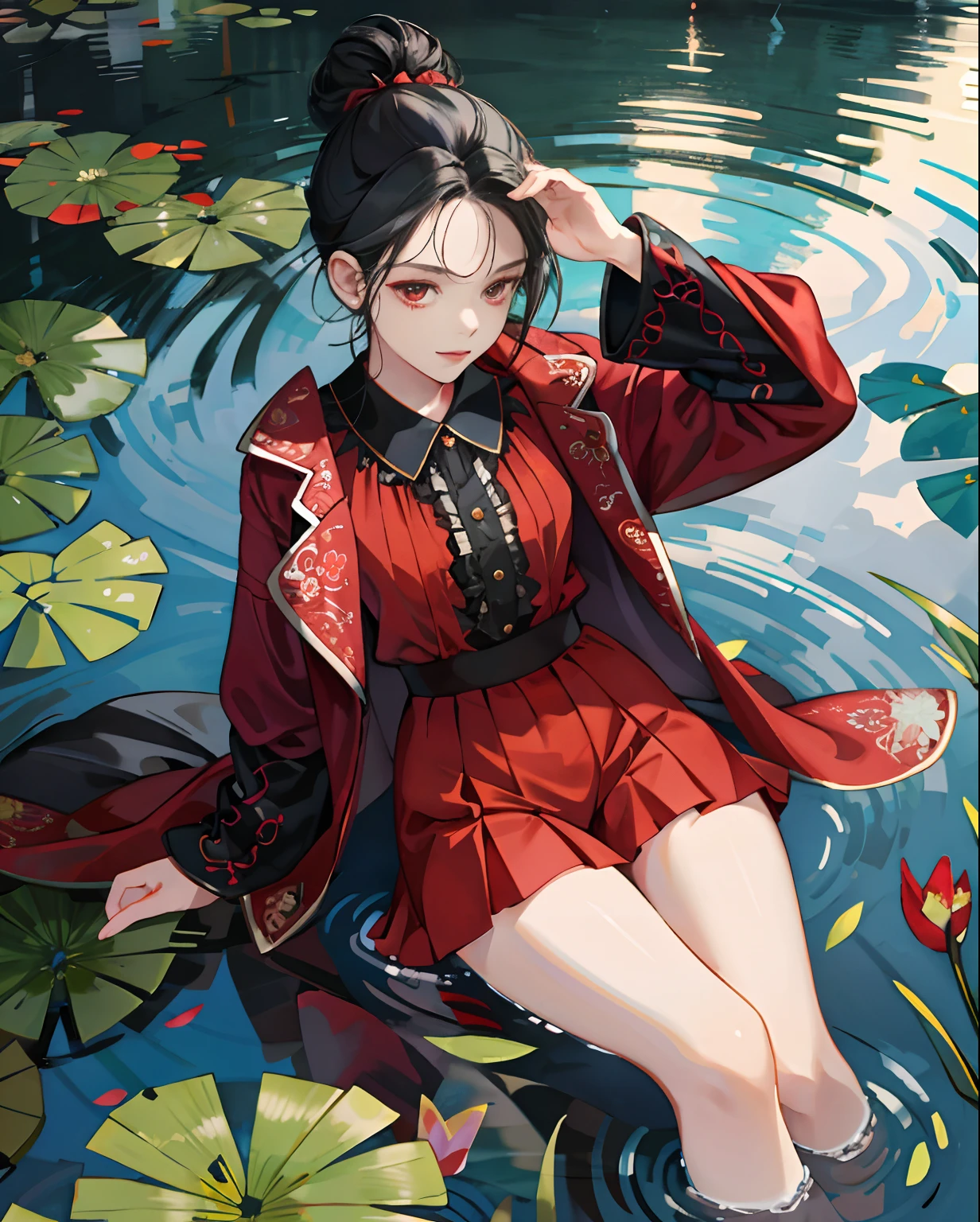 Superb masterpiece, 1girl，Hair up, Fair skin, Girls' pajamas, Black hair, Girl, Red eyes, Thigh clothing, coalescence, Super clear, face retouch, Pond background, Look at the audience shyly