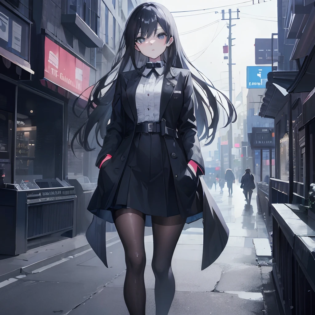 anime girl in a black coat and skirt walking down a street, girls frontline style, anime style 4 k, girls frontline cg, anime moe artstyle, fine details. girls frontline, anime girl wearing a black dress, anime style. 8k, best anime 4k konachan wallpaper, from girls frontline, badass anime 8 k, smooth anime cg art