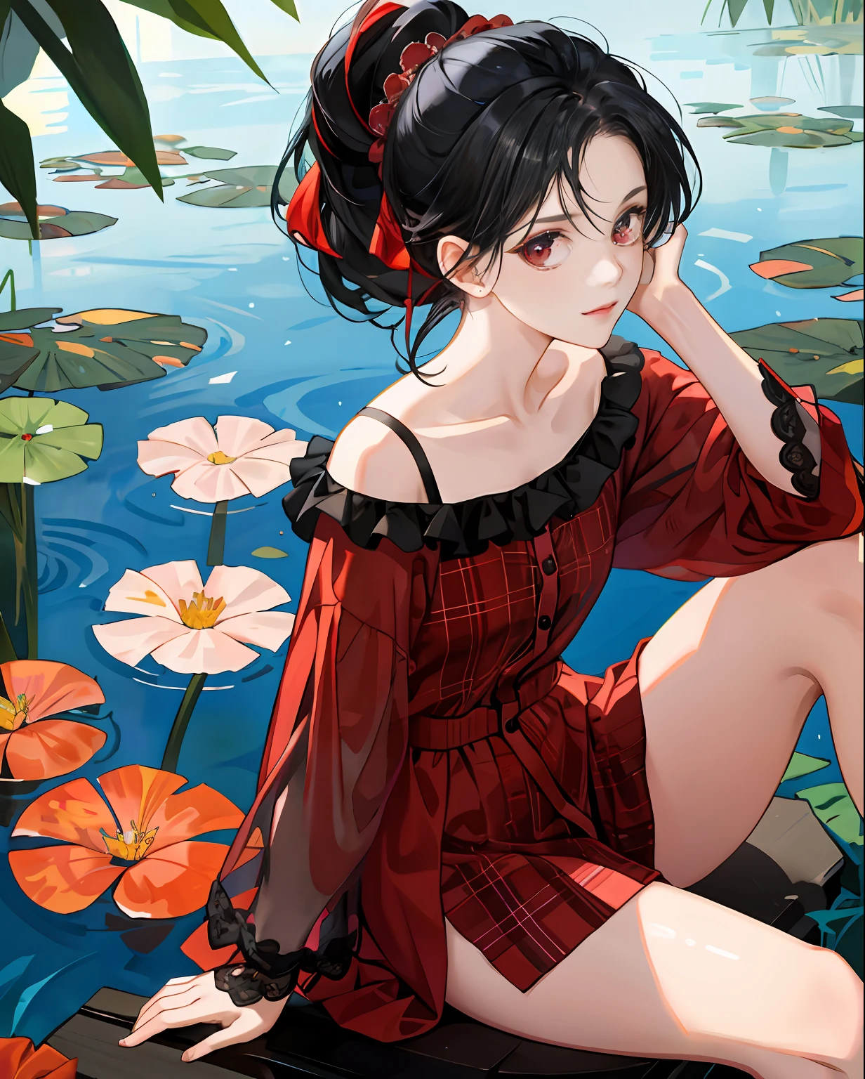 Superb masterpiece, 1girl,Hair up, Fair skin, Girls' pajamas, Black hair, Girl, Red eyes, Thigh clothing, coalescence, Super clear, face retouch, Pond background, Look at the audience shyly