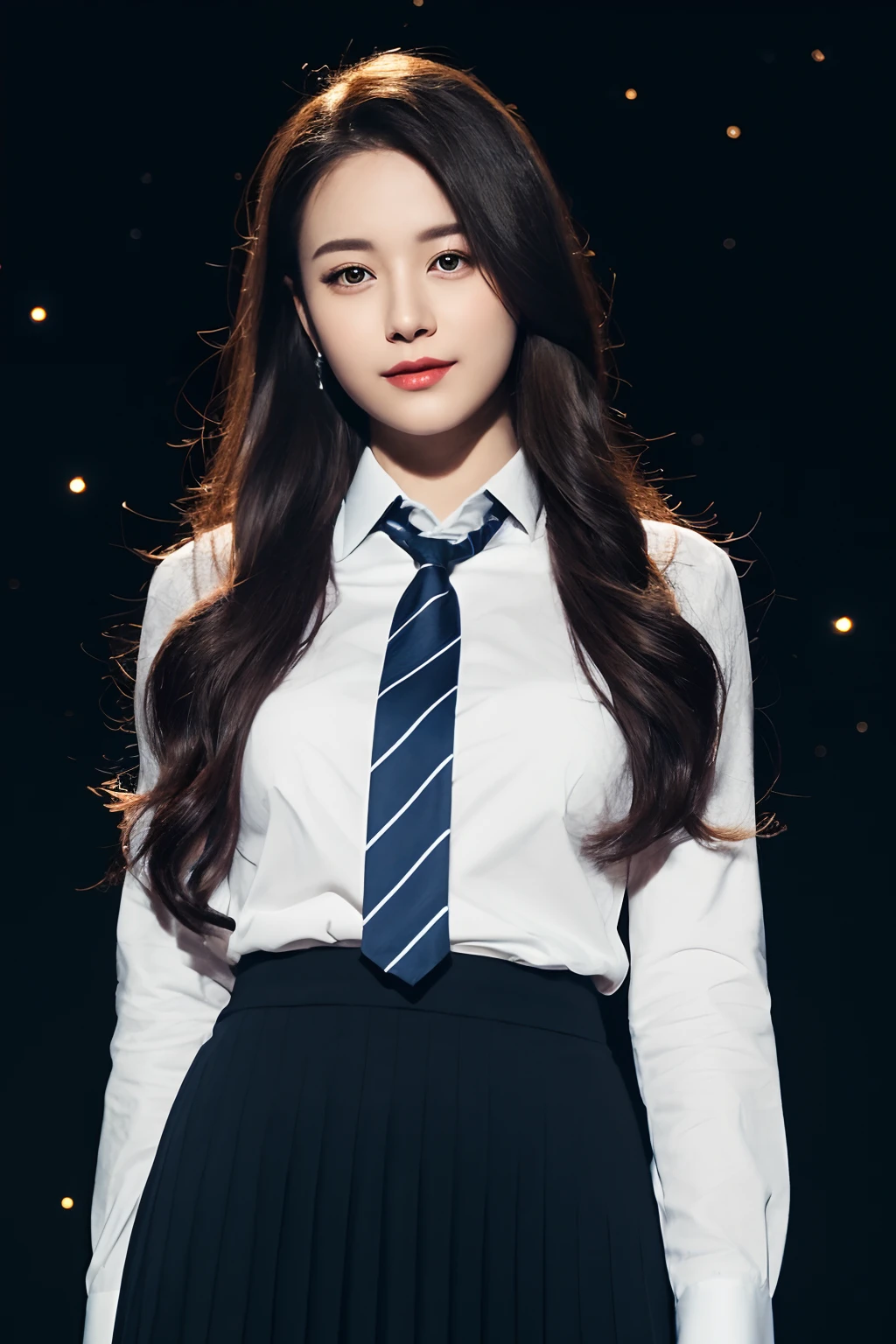 (Masterpiece: 1.2), (Best quality: 1.2),(Realism: 1.4), (Post-processing: 1.3), (Sharp focus: 1.3), 8K, upper body,(85mm photo), 1girl,MakeupPortrait, white shirts,black striped ties,pleated skirts,shiny skin tones Pantyhose,long and flowing hair, perfect facial features, tall figure, slender legs, charming, gazing, dynamic posture,cool light colors, twinkling starry sky background,
