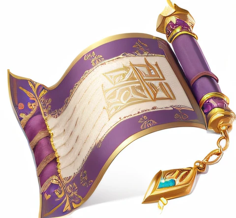 Purple scroll，It has gold and green decorations on it, rpg item, old scroll, pergaminhos, item art, [[fantasy]], herb, the wall, league of legends inventory item, role-playing game items, megara, lucasarts, Unknown, rpg item render, legendary item, genie, discarded scrolls, magic item, drawn image, emblem of wisdom, Ash, Zelda