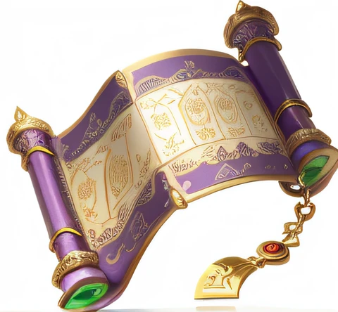 Purple scroll，It has gold and green decorations on it, rpg item, old scroll, pergaminhos, item art, [[fantasy]], herb, the wall, league of legends inventory item, role-playing game items, megara, lucasarts, Unknown, rpg item render, legendary item, genie, discarded scrolls, magic item, drawn image, emblem of wisdom, Ash, Zelda