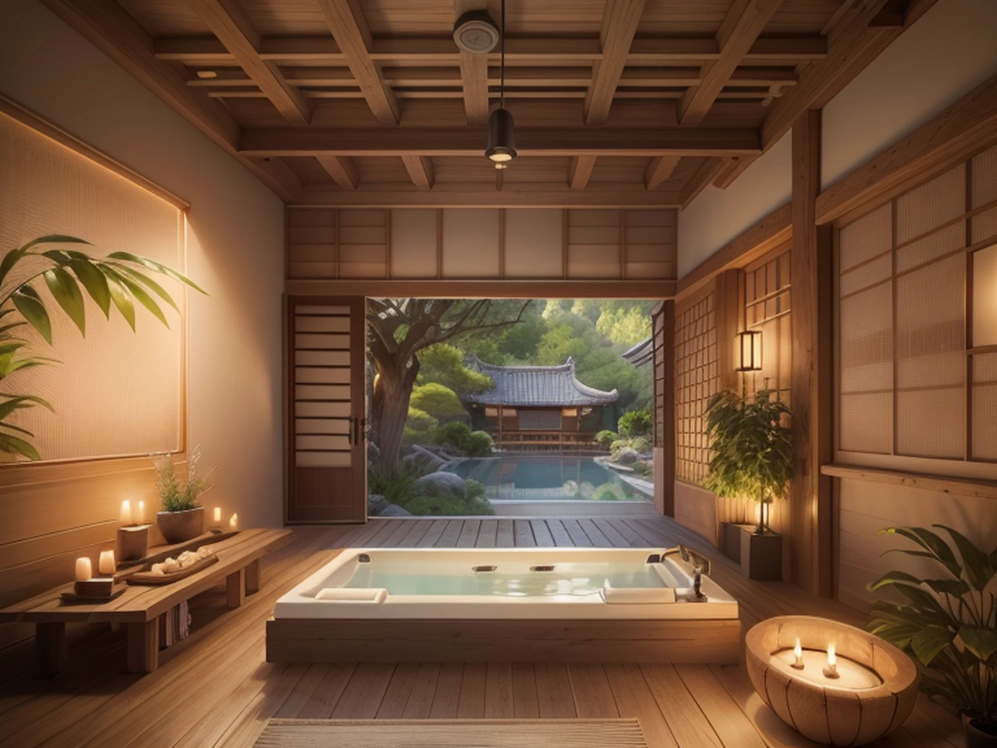 Tranquil Single Spa Treatment Room. Contemporary, Wabi-sabi style, Ambient Lighting, Plush Furnishings. Serene Atmosphere, with realistic bamboo forest views. Modern Lattice. Stucco Textured walls. Exposed wood beams , chinese roof. Sunken Onsen Pool. Natural Light. highest quality, ultra-realistic, photo-realistic, detailed.  natural lighting. 8K --auto --s2
