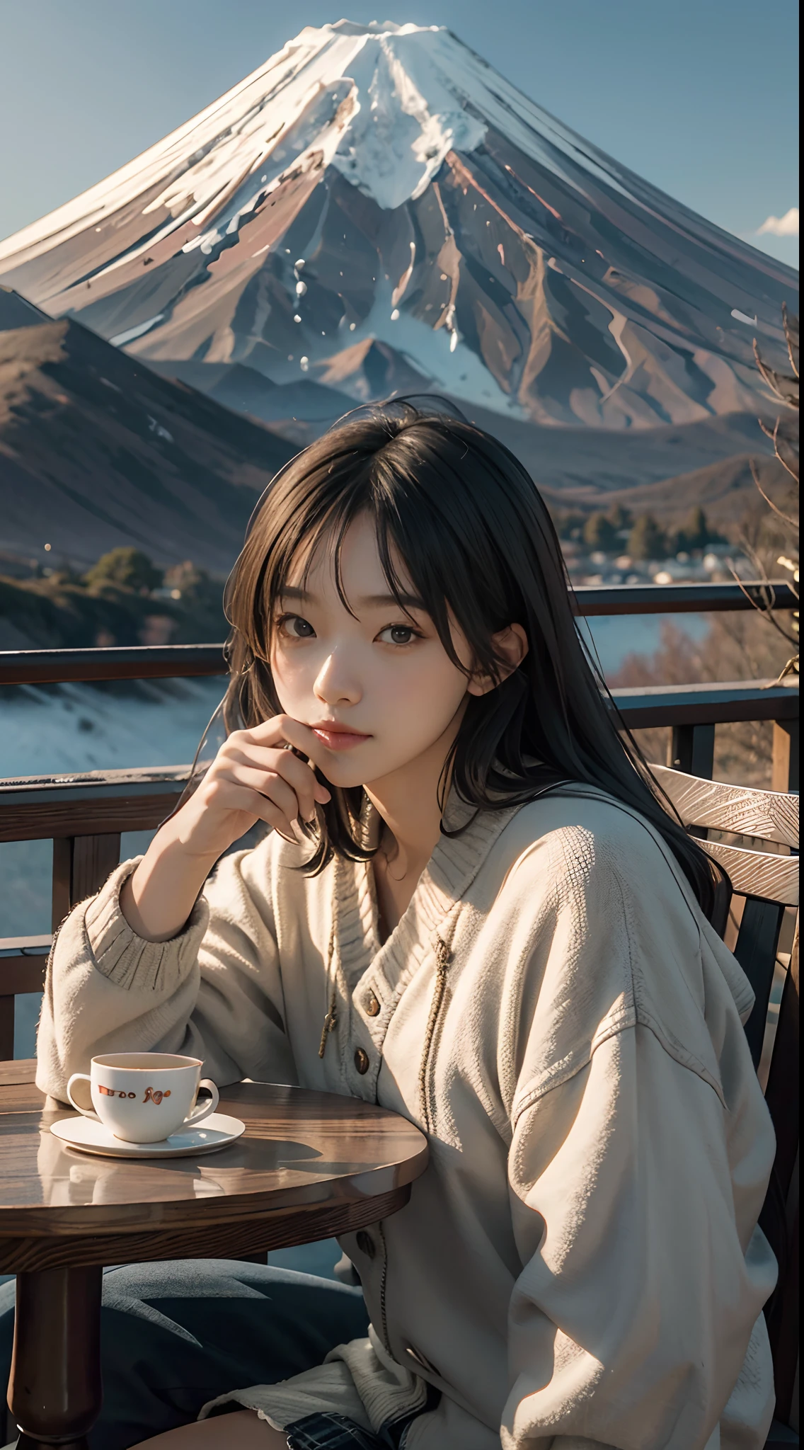 Young girl sitting at the table drinking tea and looking at the mountain. Fuji in the distance,The character is located on the left side of the frame,45-degree view at the rear left,(The character's head turns to the mountain. (Mt fuji),Face away from the camera),8k wallpaper