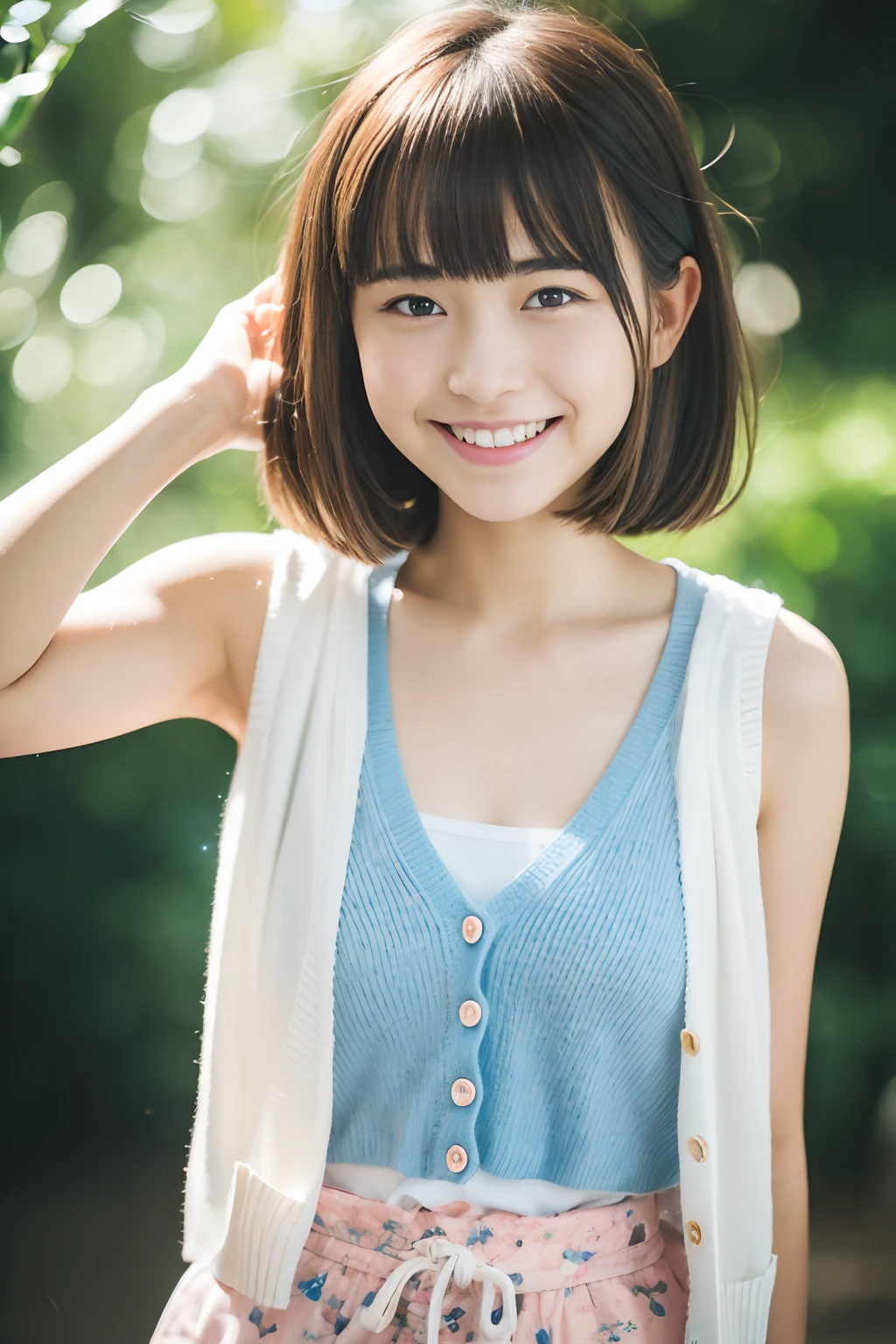neat college girl、petite person、((Naked wearing only one white apron、Naked sexy white apron))、Outside the field、(Slimed、small tit、flat boobs、small tit)、Photorealsitic、detaileds, Skin Texture, ultra-detailliert、Delicate and sexy collarbone、A smile、Super Detailed Face、Detailed lips、A detailed eye、二重まぶた、Sitting on legs bending the knees、Squatting、White panties are visible from the skirt、