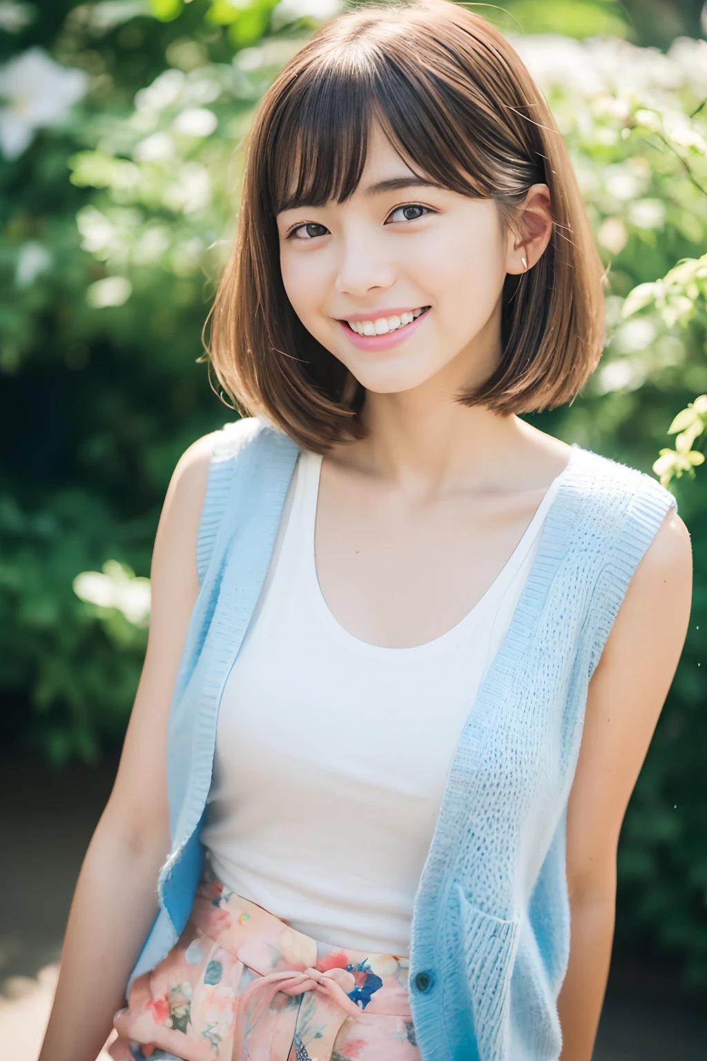 Against the backdrop of a blue wall、A photo of a young Japanese woman wearing a blue tank top and white panties, leaning against a wooden chair。Natural light、Her face and body are softly lit。Her face is smiling gently、The overall atmosphere is relaxed。