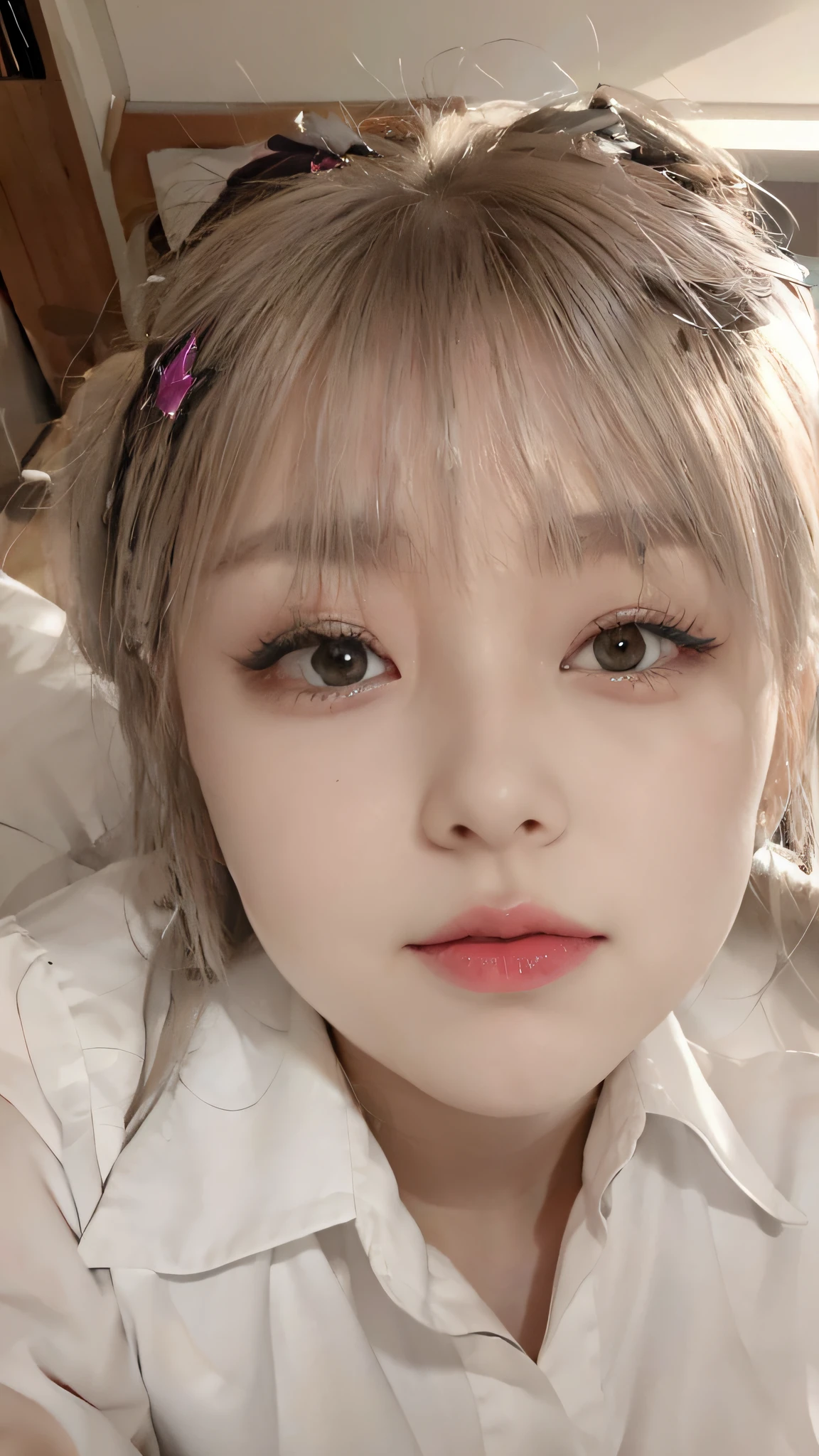 Gray eye,Ribbon Ties,Bright blonde girl,on top of the bed,Slim body,chest thrusting pose,Chest show-off pose,8K original photos,A high resolution,16-year-old Chinese,Very large teardrop-shaped breasts,beautiful eyes in detail,long eyelasher,beautiful double eyelid,eye shadows, eyes liner,Cut Eyes,Elongated eye shape,Sanpaku eyes,evilsmile,Evil expression,Beautiful very thin legs,Beautiful very thin thighs,Random medium;whair,Hair tied behind the head,耳Nipple Ring,Hosiery,Sexy clothing, exposed,Exposed breasts,adolable,huge tit,is shy,Be red in the face,dampness,tit,Breast patches,Korean school uniform,pupils,Pink,Korean star,Royal sister style