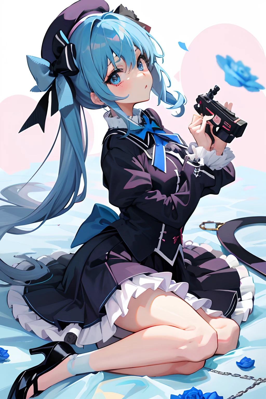 beret killer big bow blue rose high heels bandage pistol lolita cross stud head only head girly
