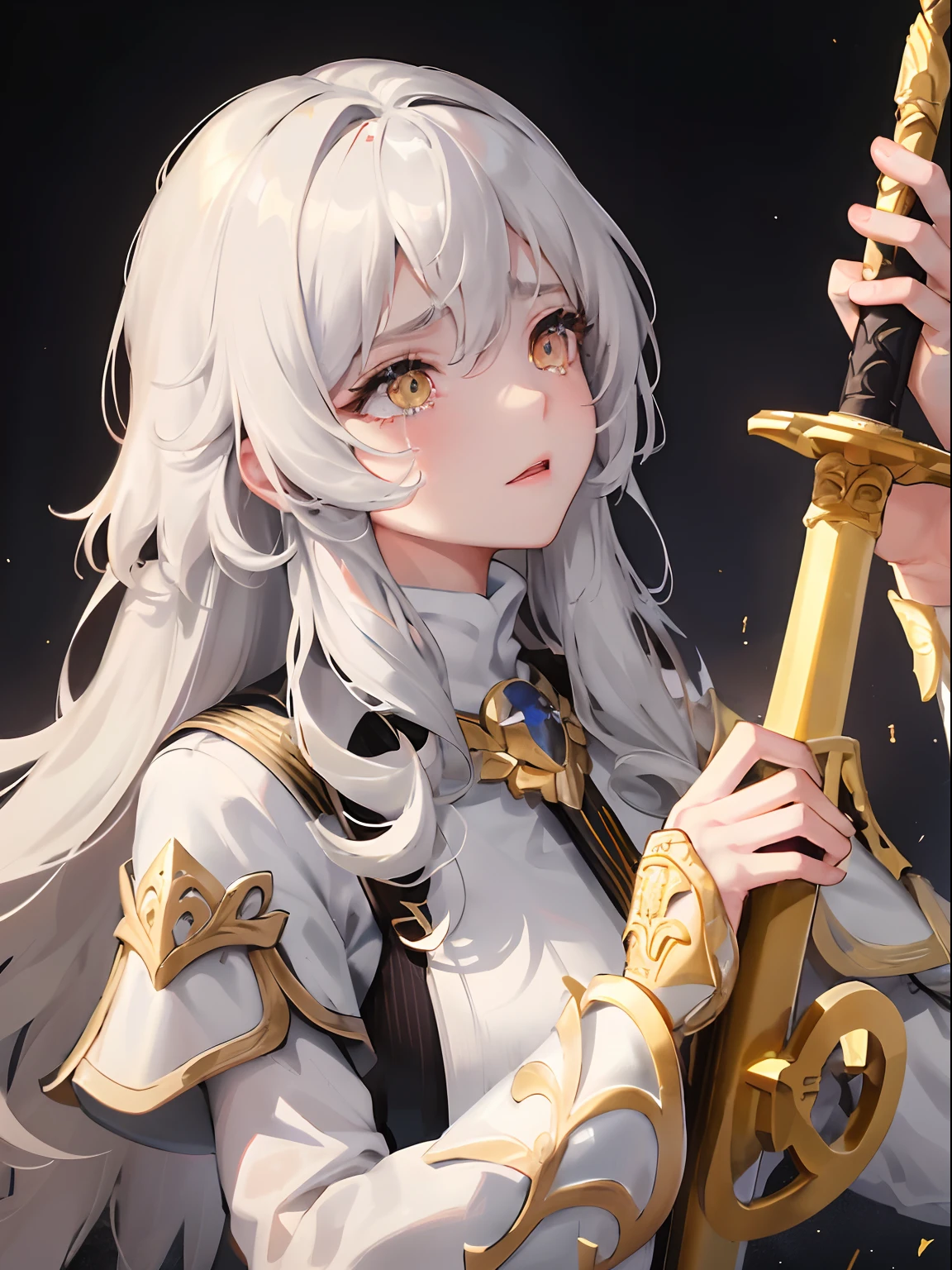 1woman, white long wavy hair, swept bangs, closed ((golden eyes)), tears rolling down eyes, ((holding sword close to face)), black armor, dark sky, pretty eyes