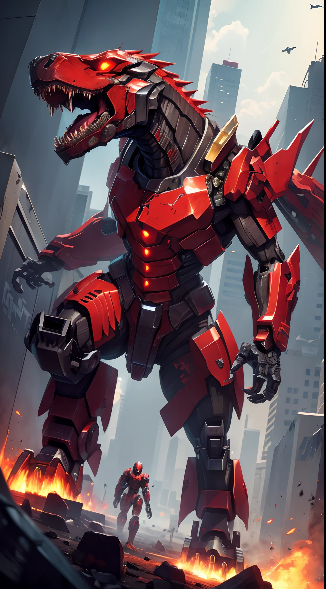 Mecha monster mechanical Tyrannosaurus rex，Sci-fi style cyberpunk，Red mech color，