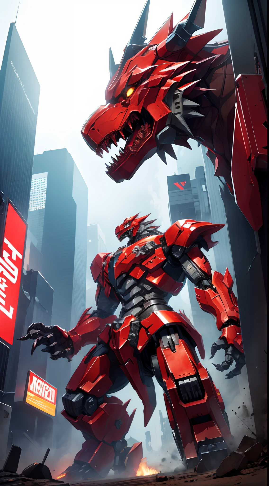 Mecha monster mechanical Tyrannosaurus rex，Sci-fi style cyberpunk，Red mech color，