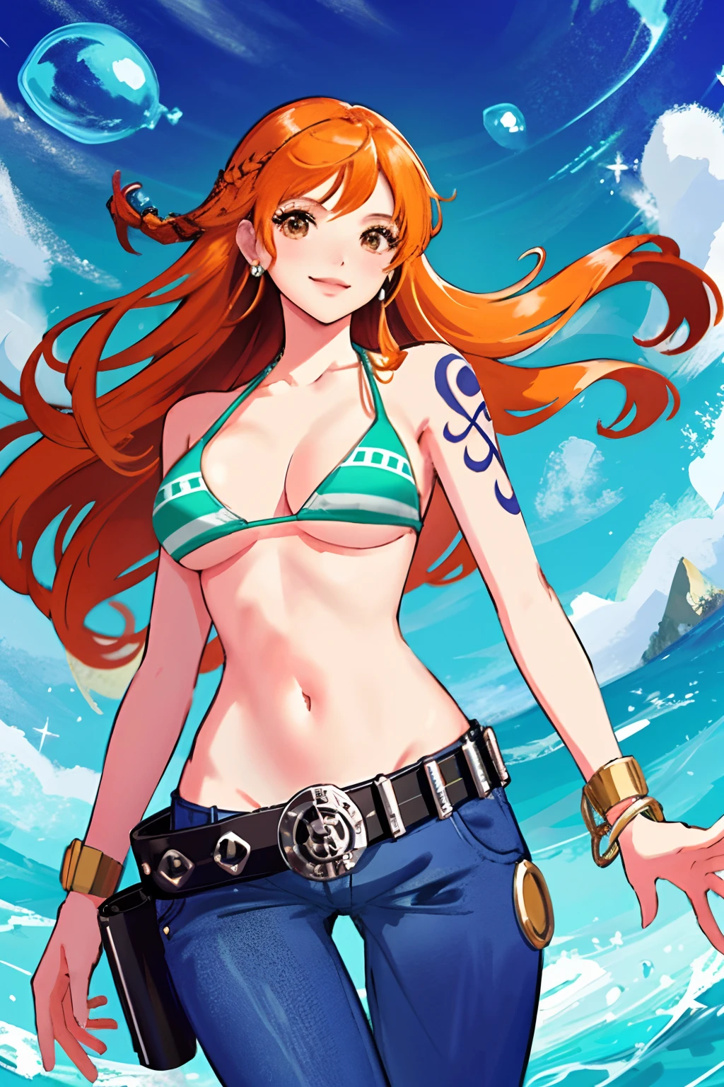 detailed background, masterpiece, best quality, 1girl, solo, nami \(one piece\), 1girl, bangle, bangs, bare shoulders, belt, bikini, bikini top only, blue sky, bracelet, breasts, brown eyes, bubble, cleavage, cloud, cowboy shot, day, denim, earrings, floating hair, green belt, green bikini, groin, jeans, jewelry, large breasts, log pose, long hair, looking at viewer, navel, orange hair, pants, shoulder tattoo, sidelocks, sky, smile, solo, standing, stomach, swimsuit, tattoo , looking at viewer