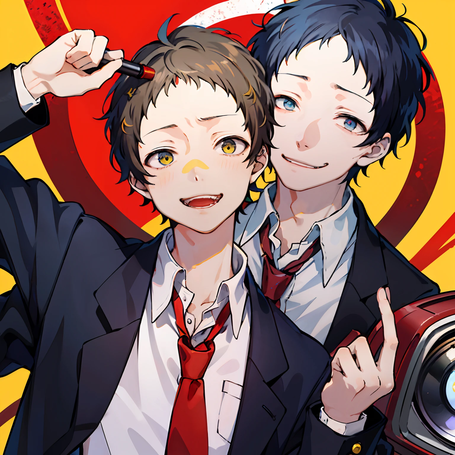 Masterpiece,Best Quality,Portrait, 独奏,male focus, 1boy, Adachi Toru, Evil smile,small pupil, looking a viewer, suit, red tie,shaded face, yellow background, schizophrenia, Creepy abstraction in the background, TV interference in the background