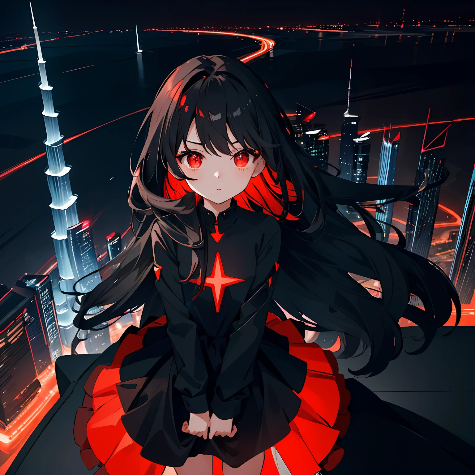 a loli with long black hair, red glowing eyes, petite body, black suit, standing on ledge overlooking city skyline at night, Burj Khalifa