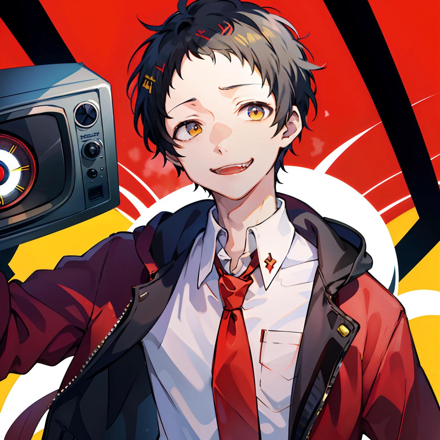 Masterpiece,Best Quality,Portrait, 独奏,male focus, 1boy, Adachi Toru, Evil smile,small pupil, looking a viewer, suit, red tie,shaded face, yellow background, schizophrenia, Creepy abstraction in the background, TV interference in the background