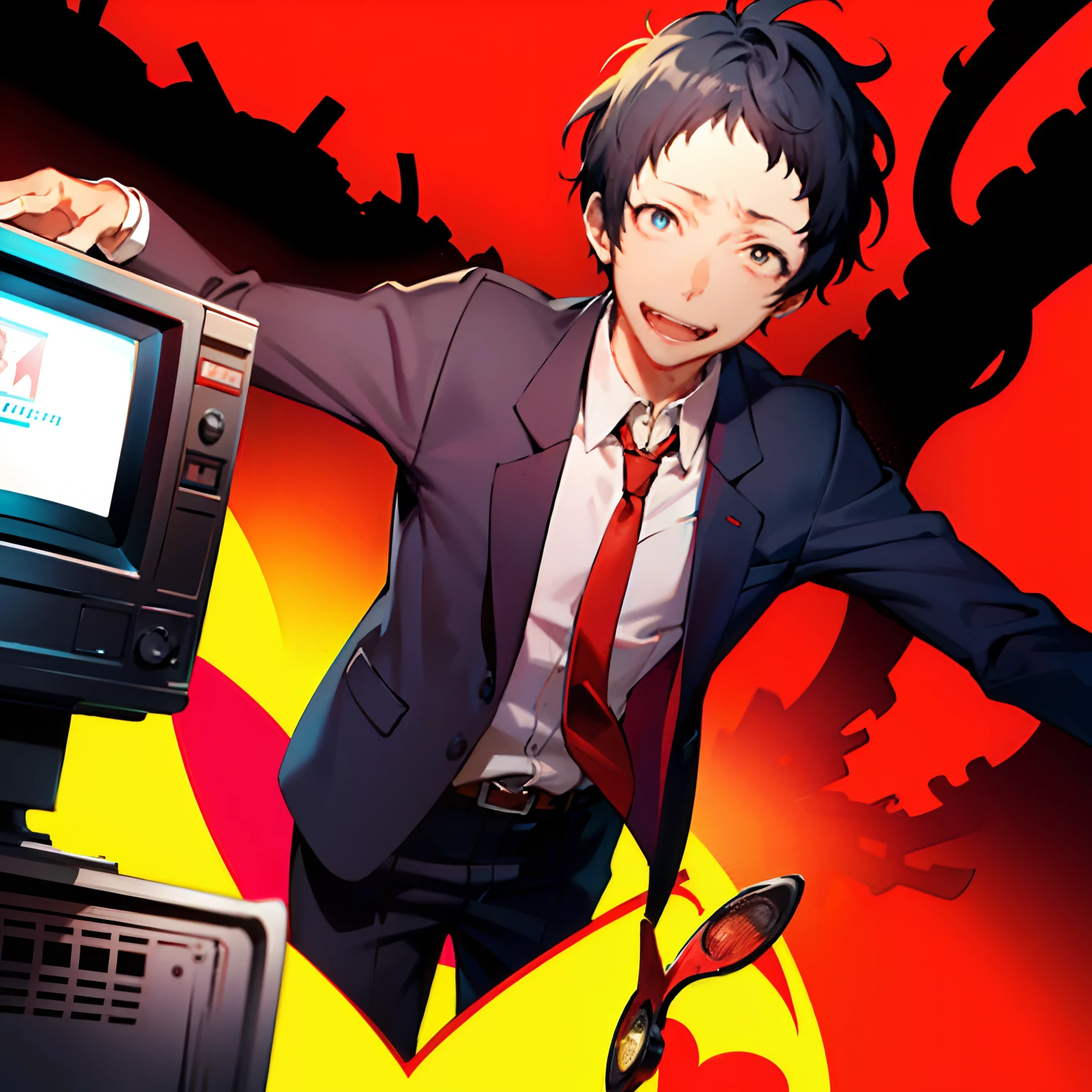 Masterpiece,Best Quality,Portrait, 独奏,male focus, 1boy, Adachi Toru, Evil smile,small pupil, looking a viewer, suit, red tie,shaded face, yellow background, schizophrenia, Creepy abstraction in the background, TV interference in the background