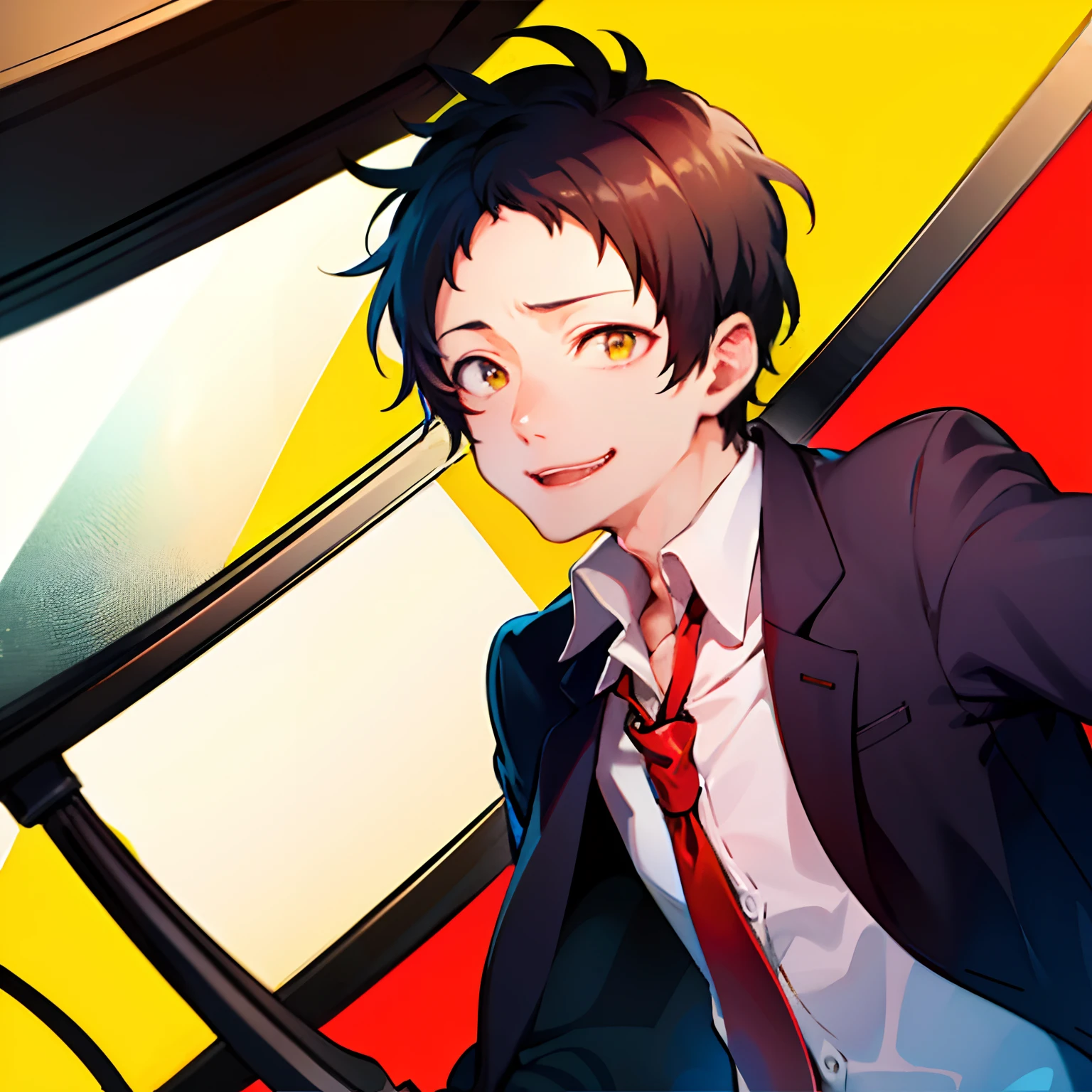 Masterpiece,Best Quality,Portrait, 独奏,male focus, 1boy, Adachi Toru, Evil smile,small pupil, looking a viewer, suit, red tie,shaded face, yellow background, schizophrenia, Creepy abstraction in the background, TV interference in the background