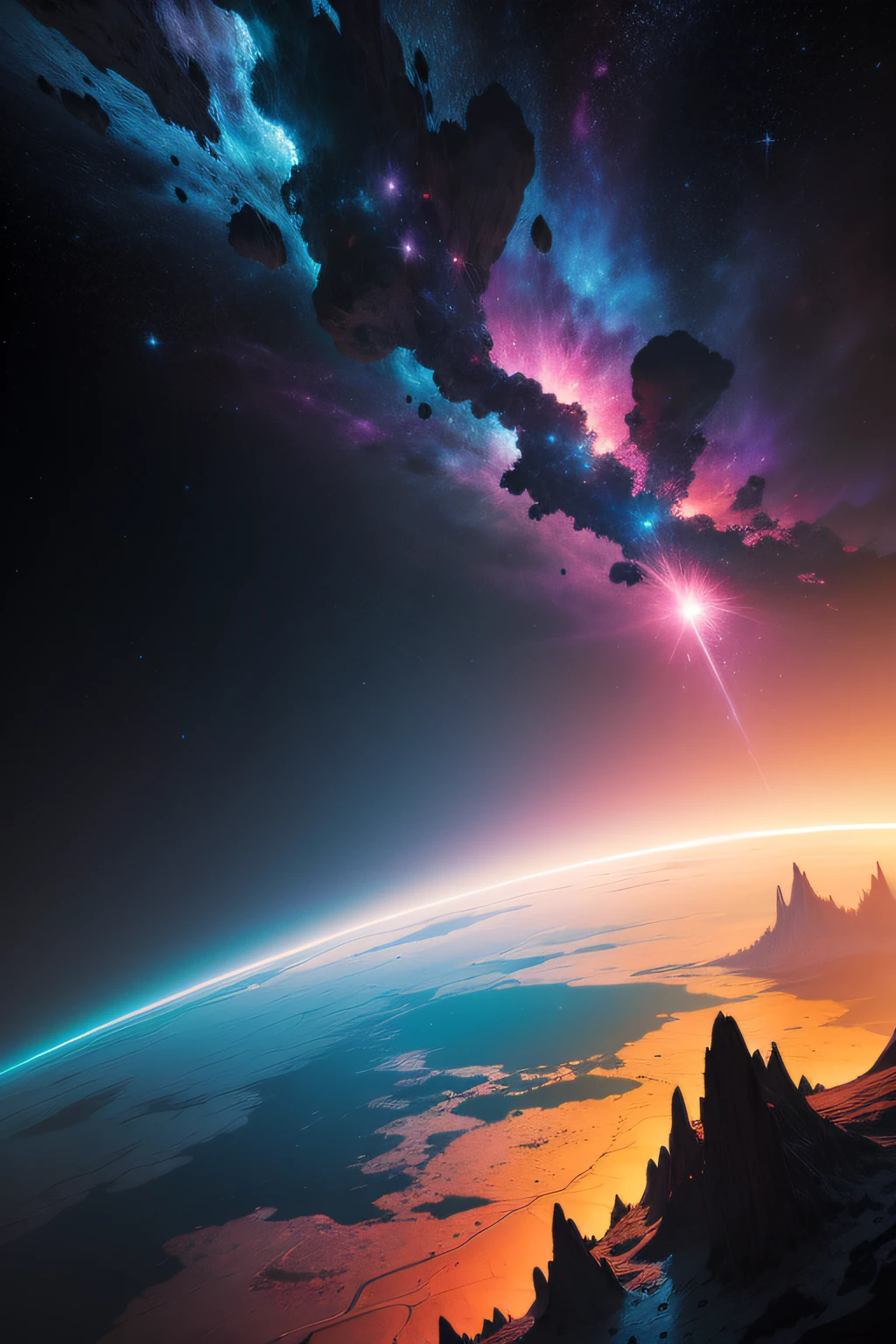 Cosmic landscape, Unexplored planets, Exotic vegetation, dynamic foreshortening, saturated colors, Impressive super lighting effects