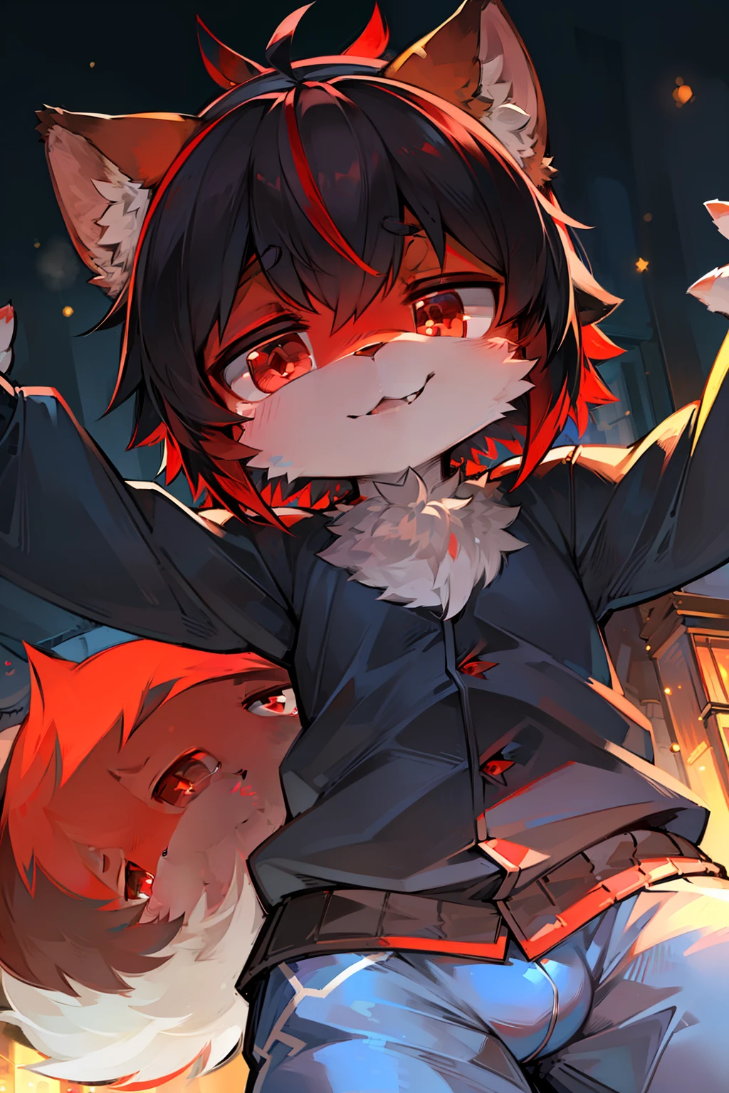 eyes with brightness, in a panoramic view, up-close,(),Character focus.独奏, shaggy, shaggy male, malefocus, (Full Body Furry, coda, The whole body is covered in red and white, red color eyes,Black color hair:1.2), (red fox,Wear blue pajamas),(the detail)(ambient lights)(volumettic light)(hyper cute face)(4K 分辨率)
